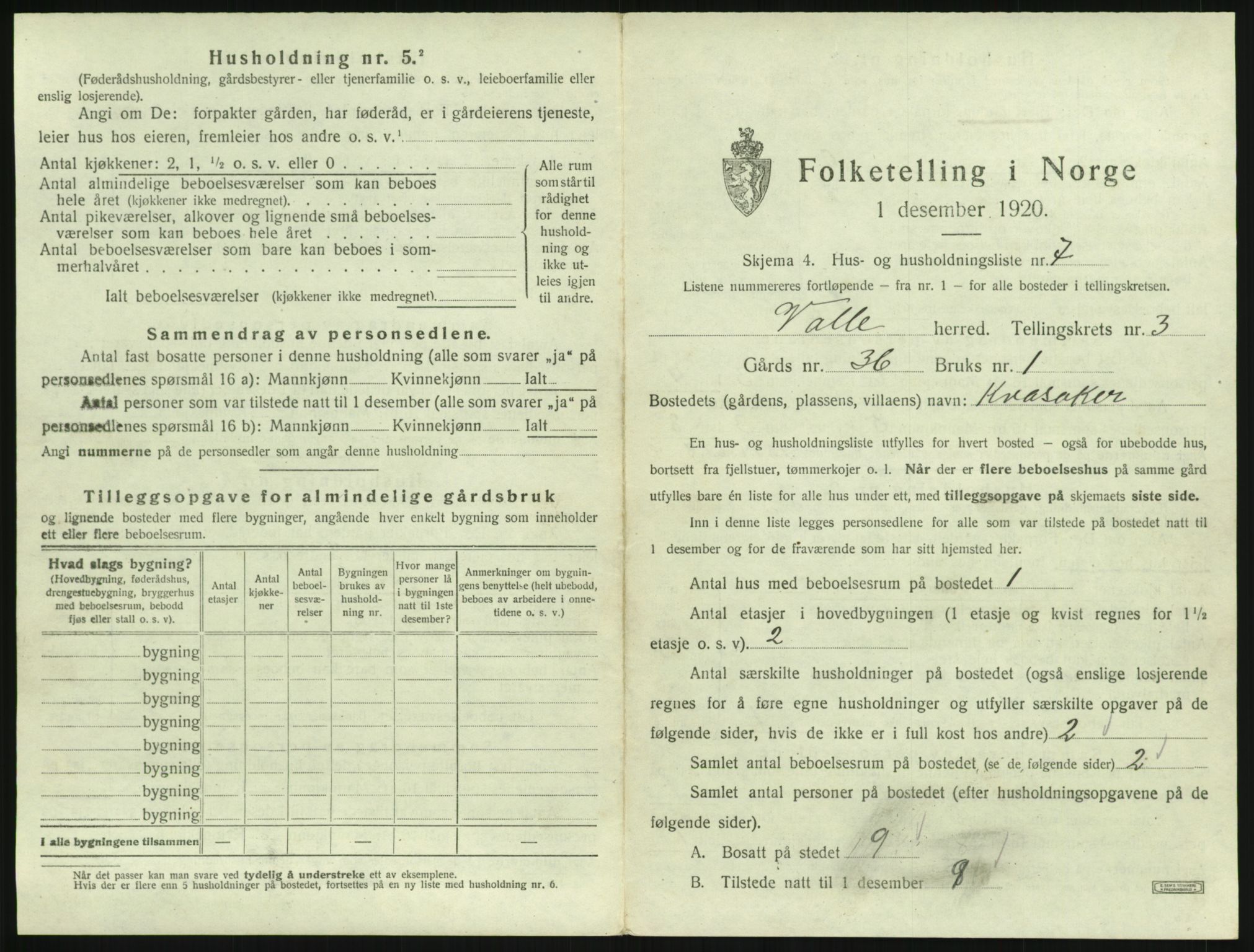 SAK, 1920 census for Valle, 1920, p. 235