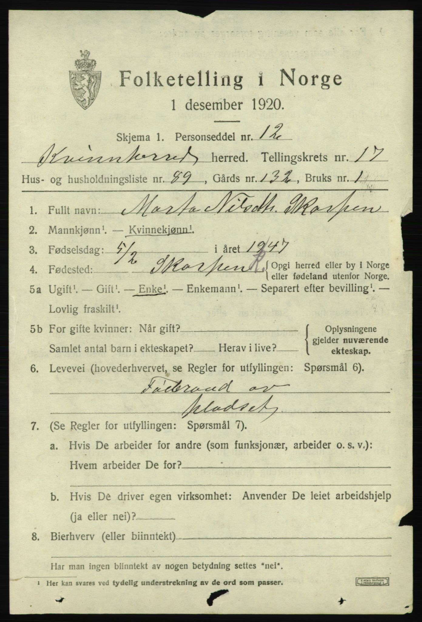 SAB, 1920 census for Kvinnherad, 1920, p. 11590