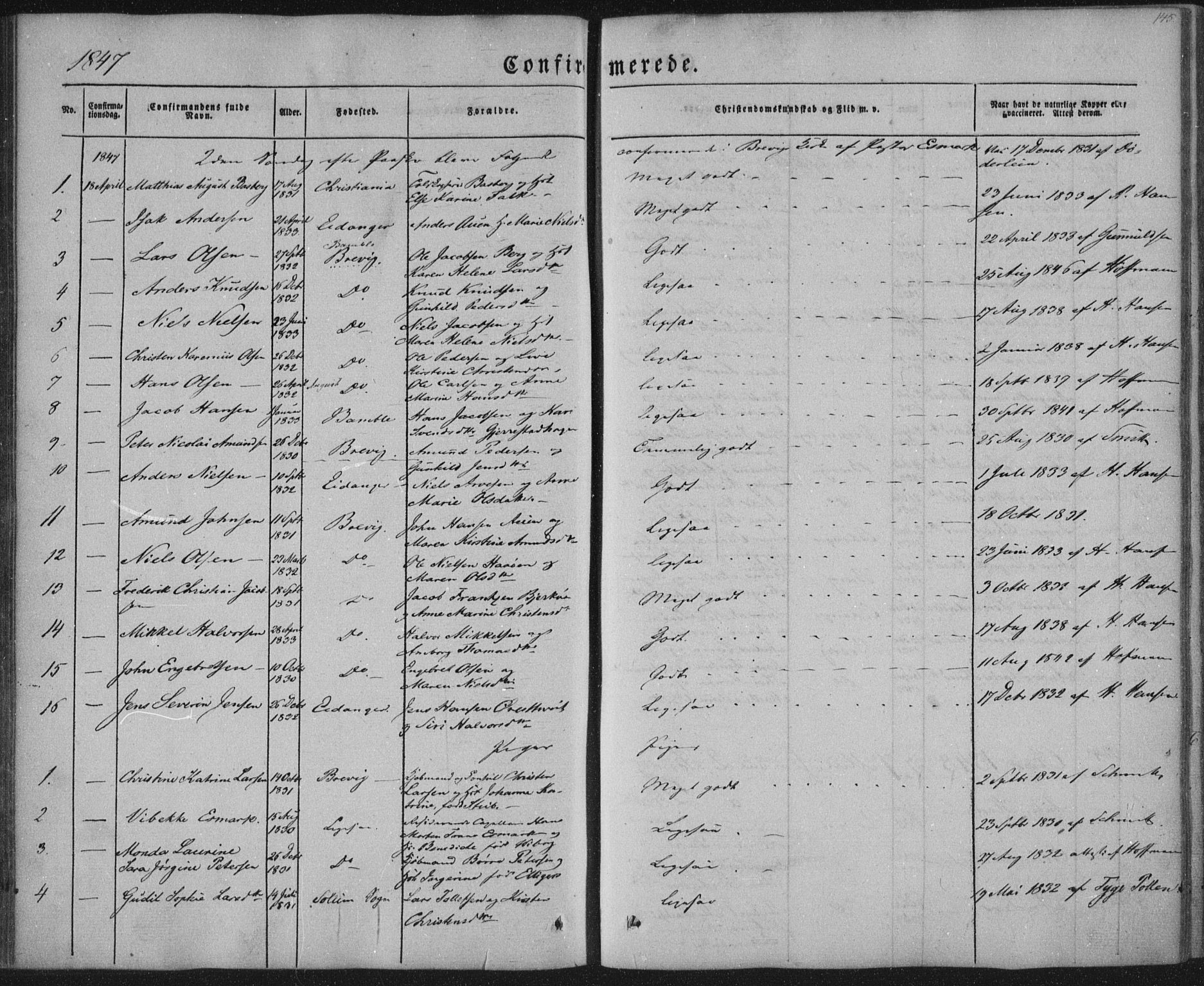 Brevik kirkebøker, SAKO/A-255/F/Fa/L0005: Parish register (official) no. 5, 1847-1865, p. 145