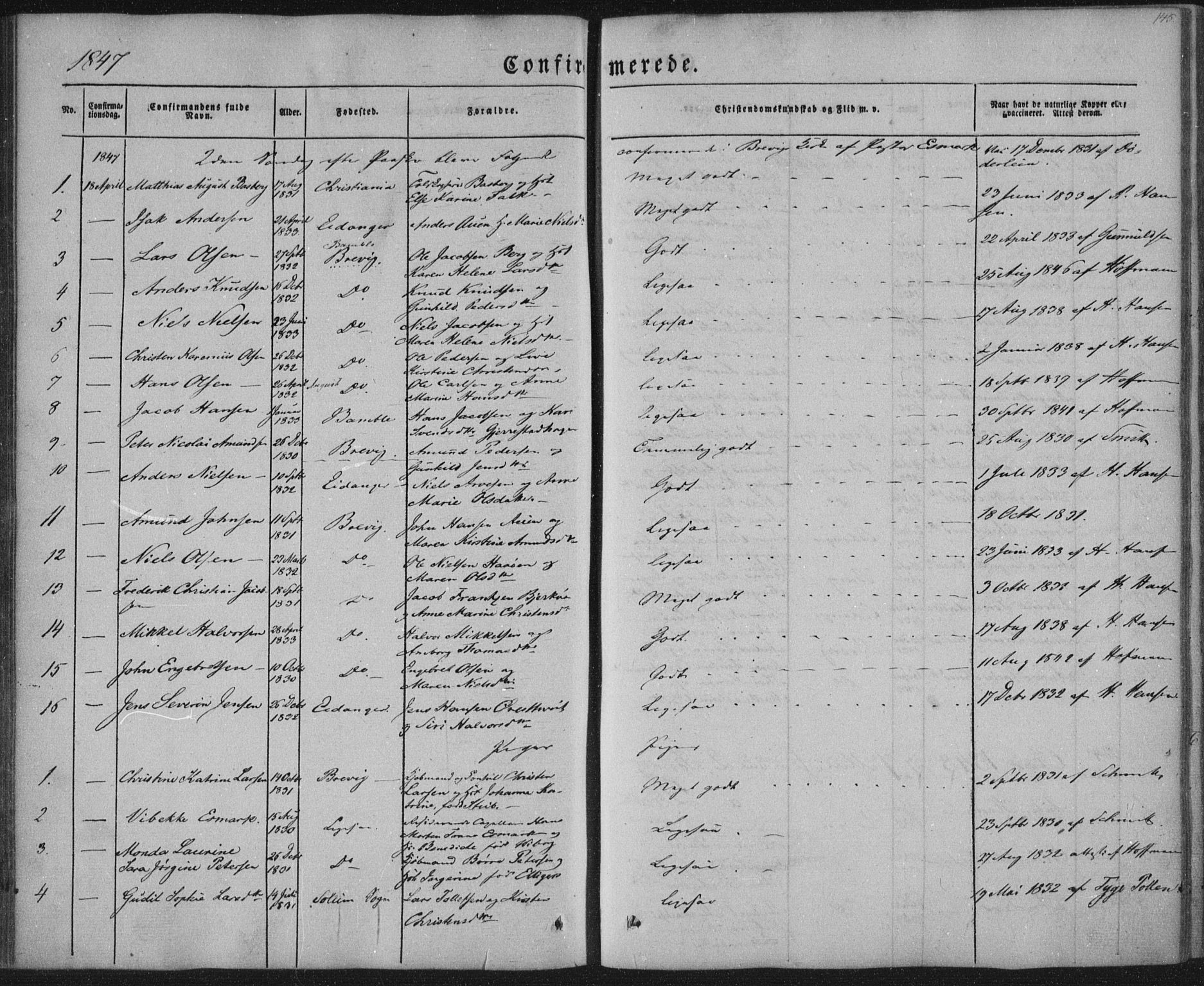Brevik kirkebøker, AV/SAKO-A-255/F/Fa/L0005: Parish register (official) no. 5, 1847-1865, p. 145