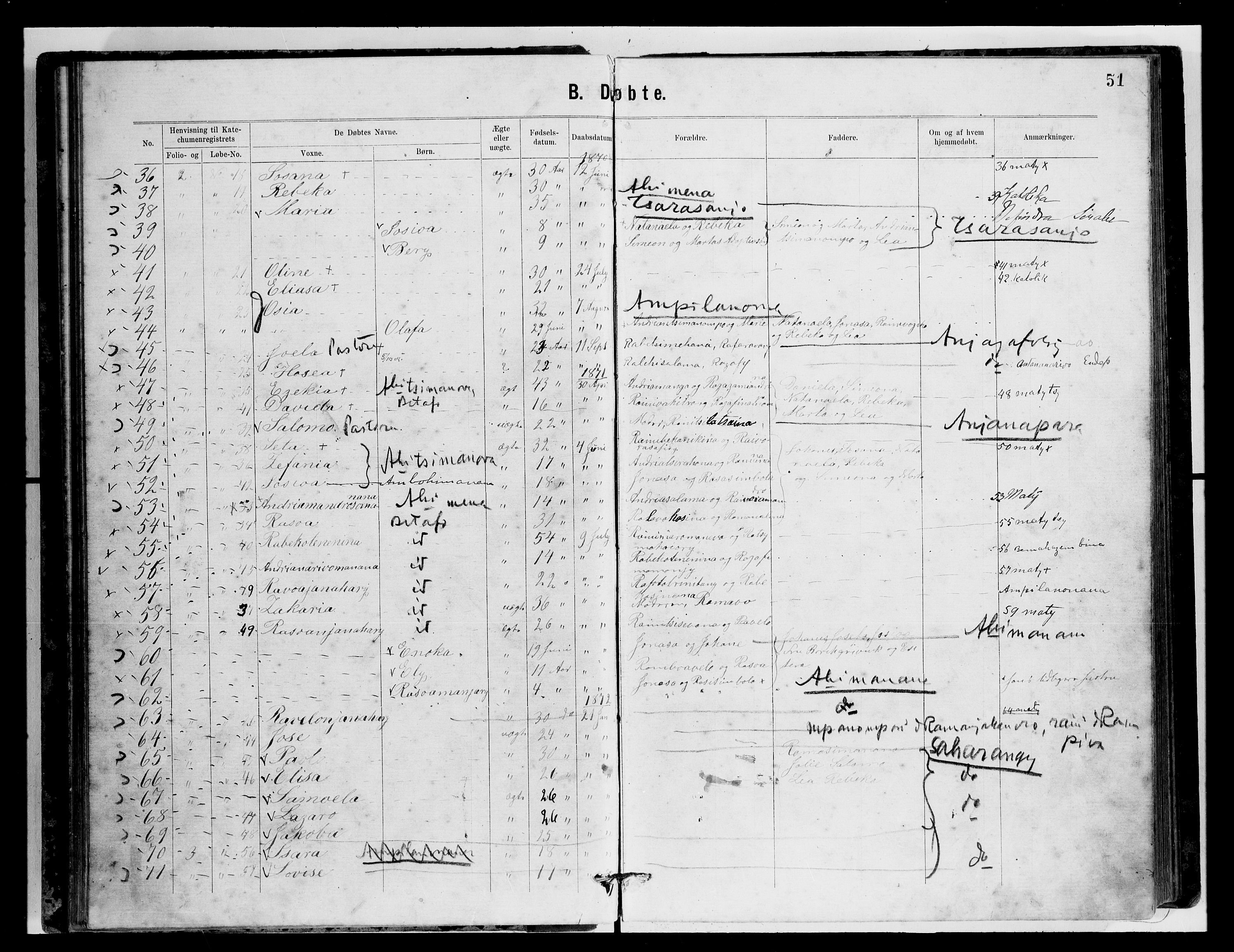 Archives FLM/NMS, Madagaskar, VID/MA-A-1163/D/Db/L0269: Parish register (official) no. 1, 1867-1884, p. 51
