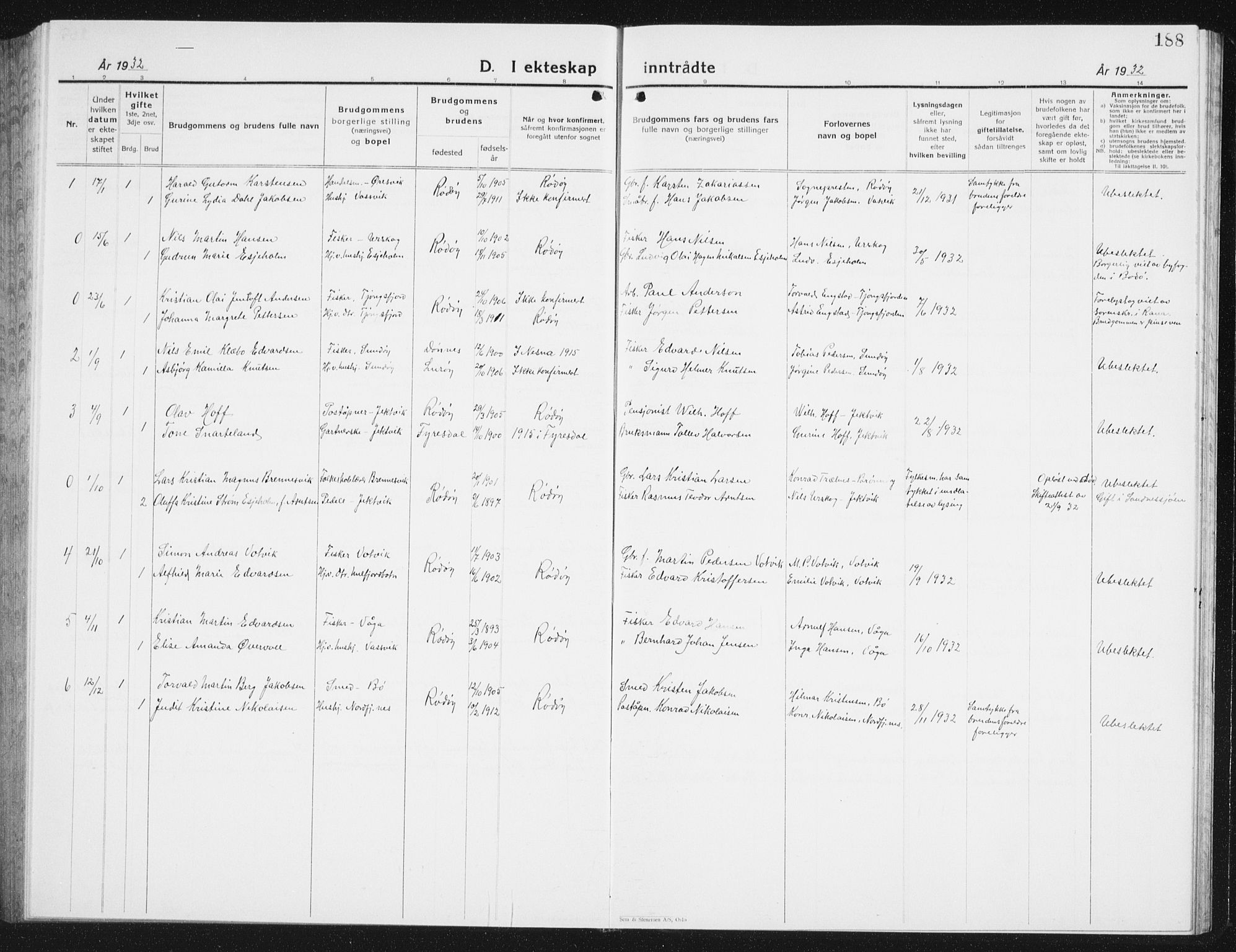 Ministerialprotokoller, klokkerbøker og fødselsregistre - Nordland, SAT/A-1459/841/L0622: Parish register (copy) no. 841C06, 1924-1942, p. 188