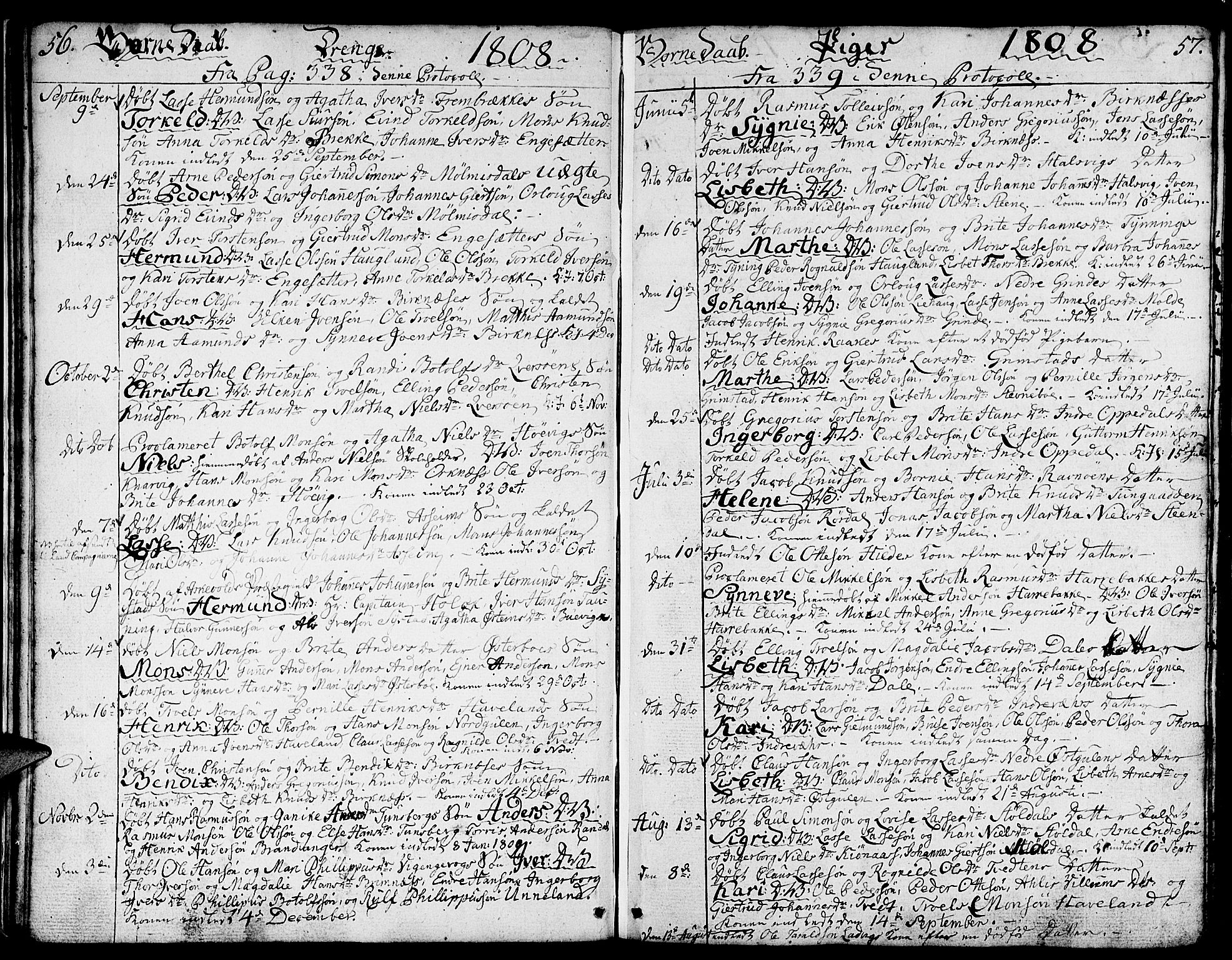 Gulen sokneprestembete, SAB/A-80201/H/Haa/Haaa/L0016: Parish register (official) no. A 16, 1798-1808, p. 56-57