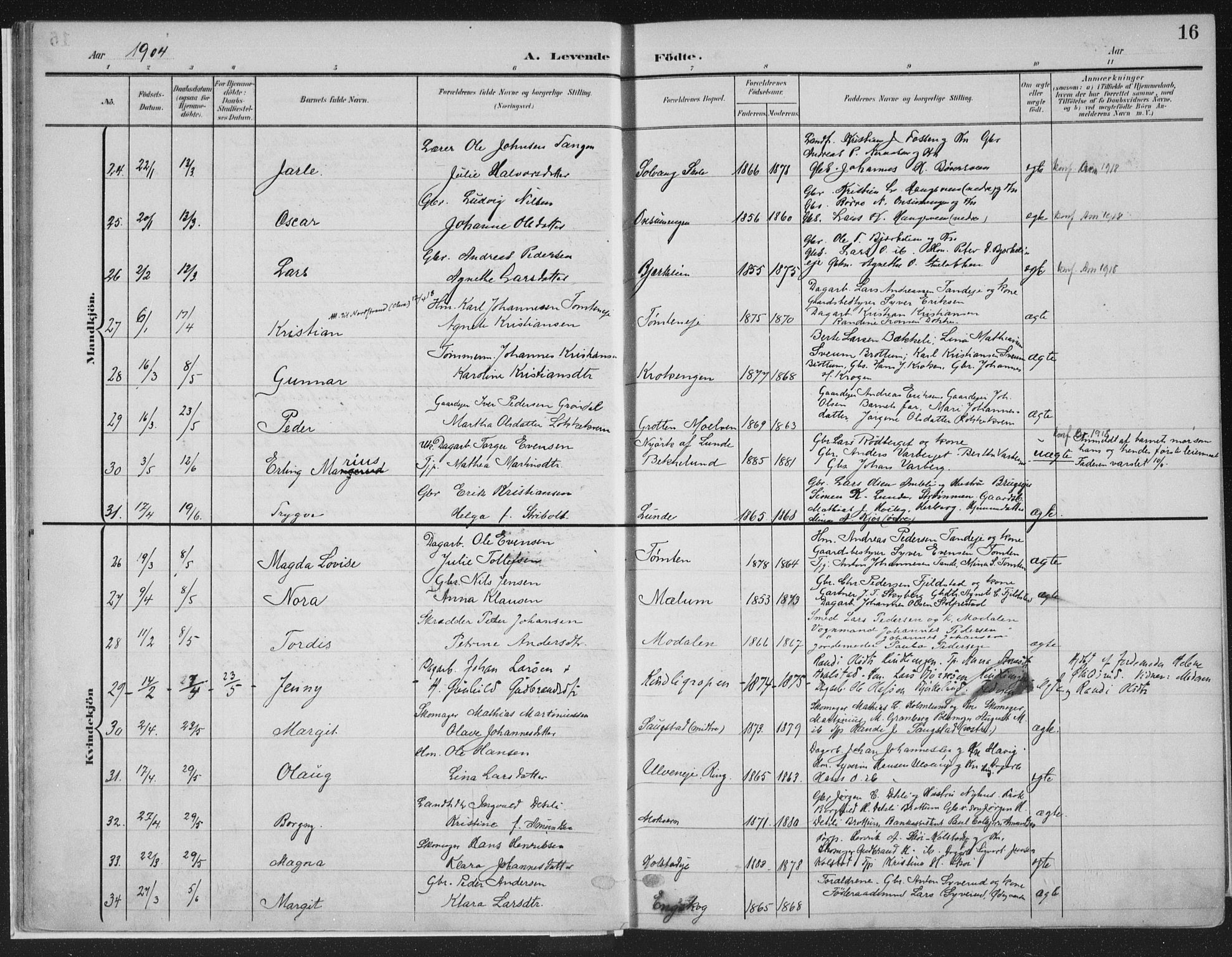 Ringsaker prestekontor, AV/SAH-PREST-014/K/Ka/L0018: Parish register (official) no. 18, 1903-1912, p. 16