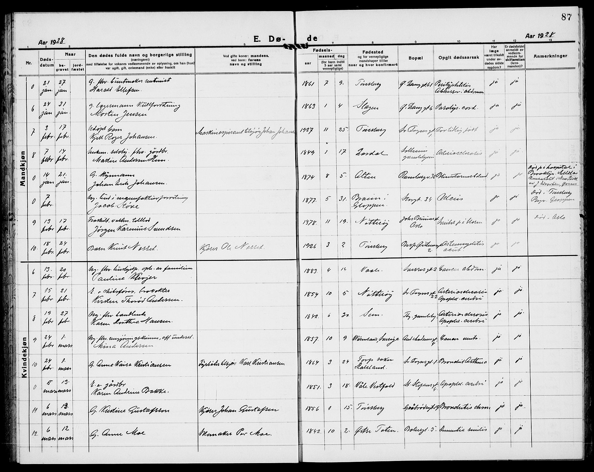 Tønsberg kirkebøker, AV/SAKO-A-330/G/Ga/L0018: Parish register (copy) no. 18, 1920-1935, p. 87