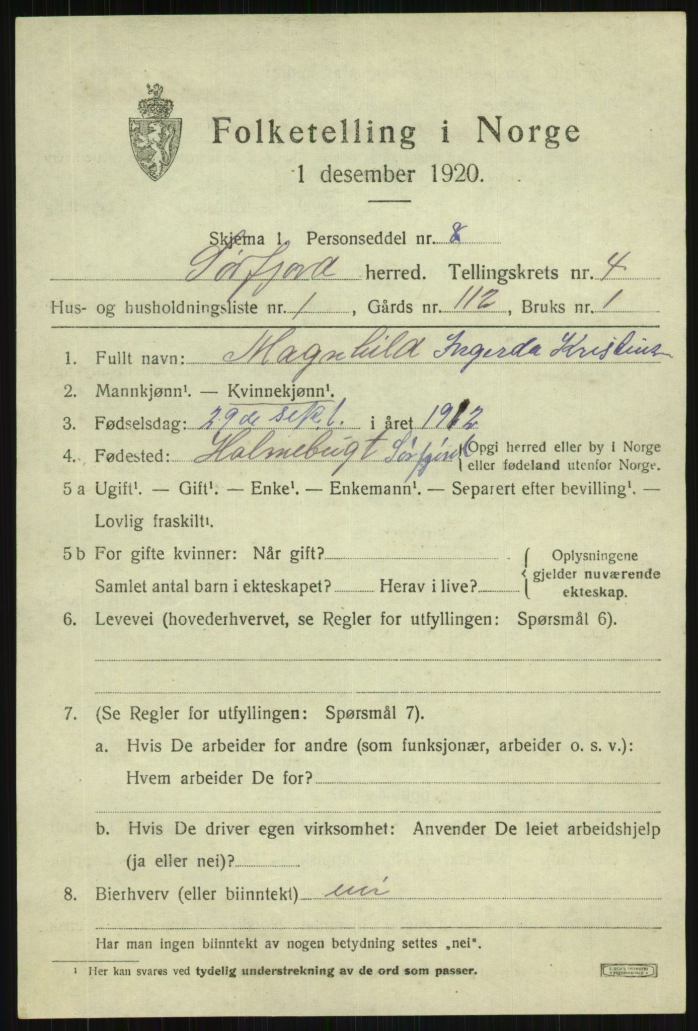 SATØ, 1920 census for Sørfjord, 1920, p. 1364