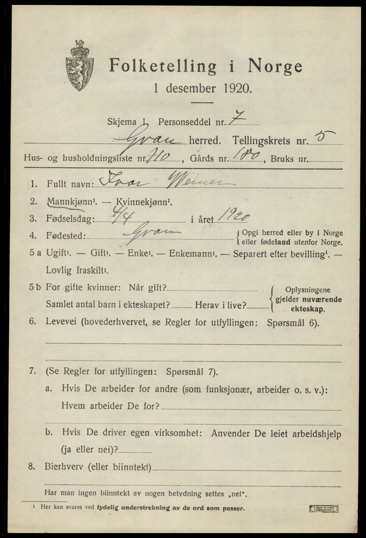 SAH, 1920 census for Gran, 1920, p. 8299