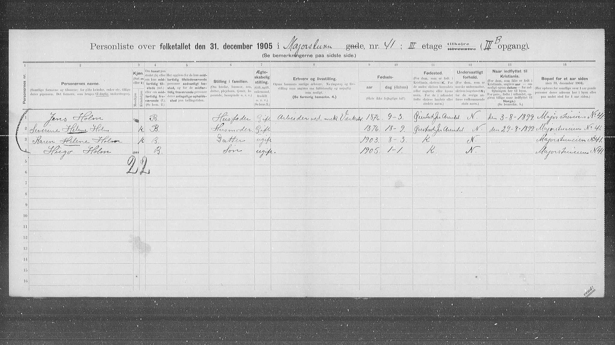 OBA, Municipal Census 1905 for Kristiania, 1905, p. 31487