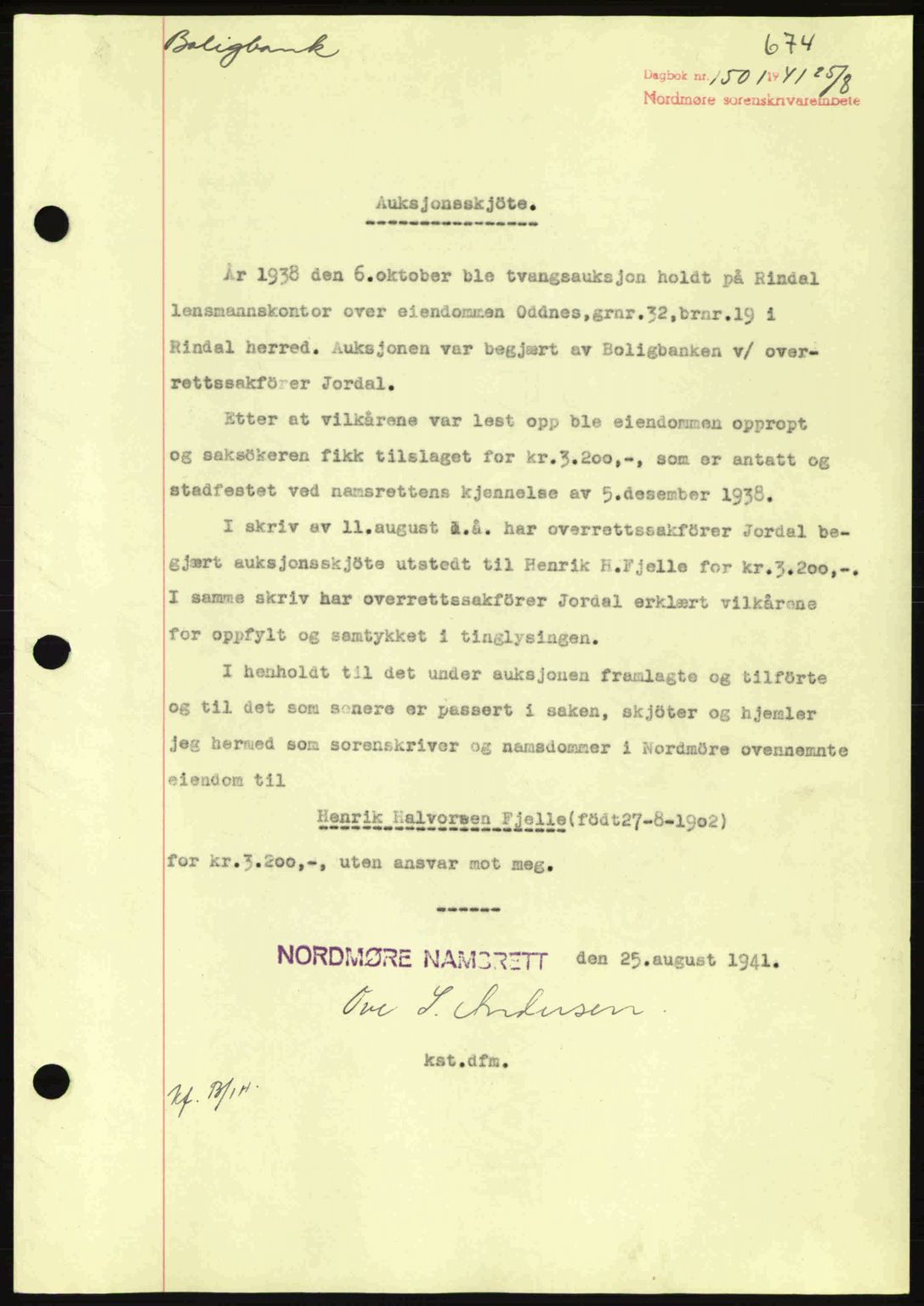 Nordmøre sorenskriveri, SAT/A-4132/1/2/2Ca: Mortgage book no. A90, 1941-1941, Diary no: : 1501/1941