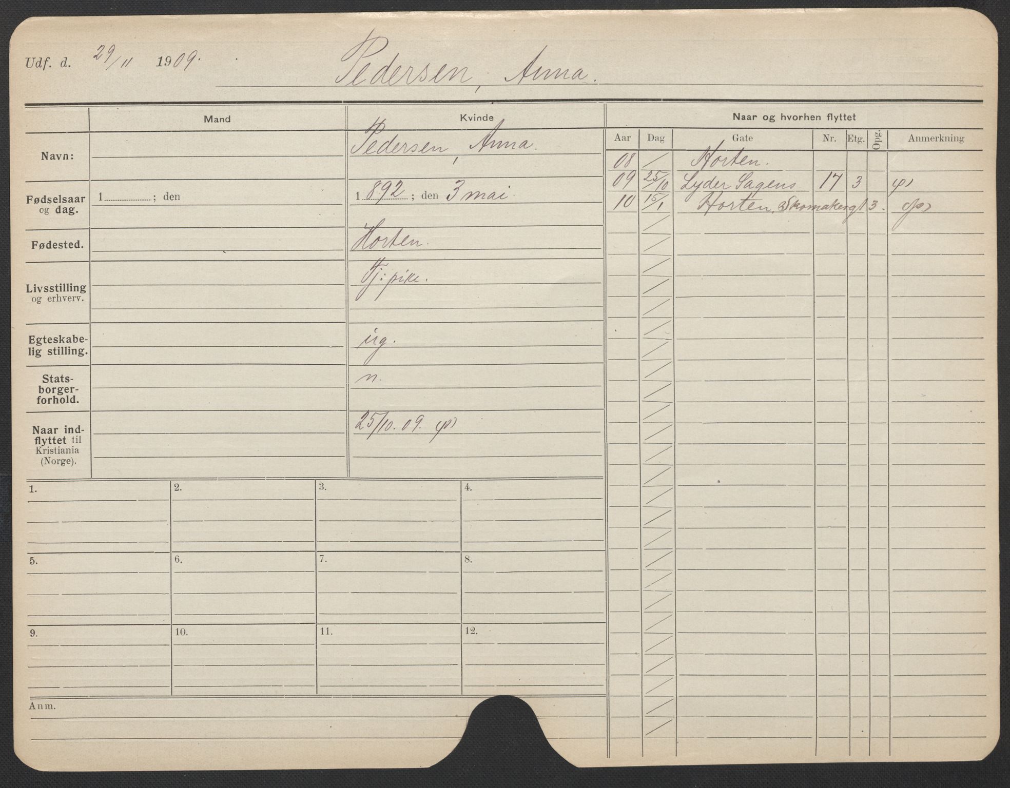 Oslo folkeregister, Registerkort, AV/SAO-A-11715/F/Fa/Fac/L0022: Kvinner, 1906-1914, p. 628a