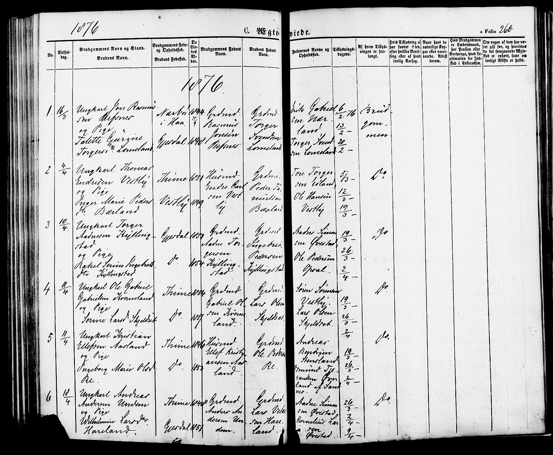 Lye sokneprestkontor, AV/SAST-A-101794/001/30BA/L0008: Parish register (official) no. A 7, 1872-1881, p. 260