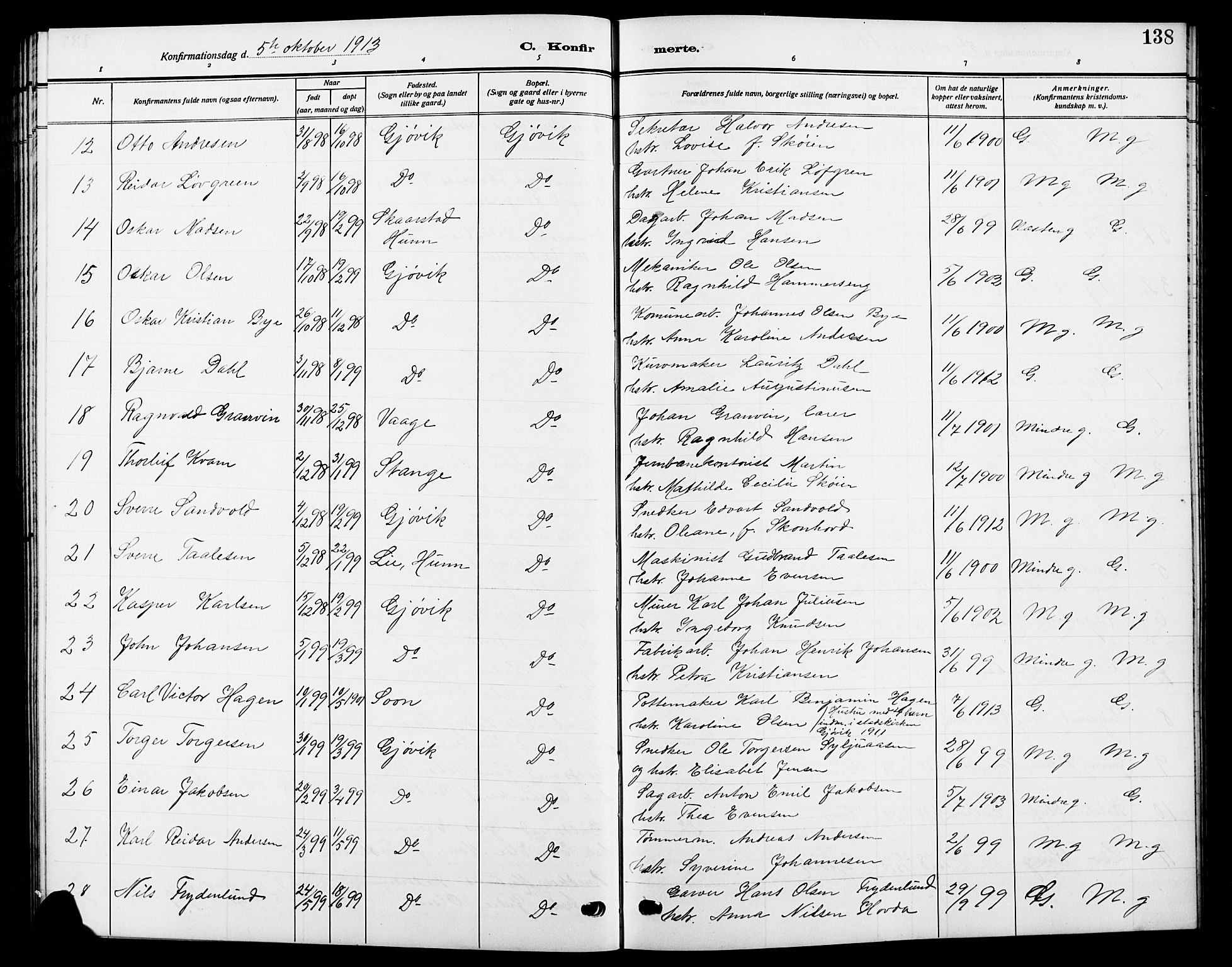 Vardal prestekontor, AV/SAH-PREST-100/H/Ha/Hab/L0014: Parish register (copy) no. 14, 1911-1922, p. 138