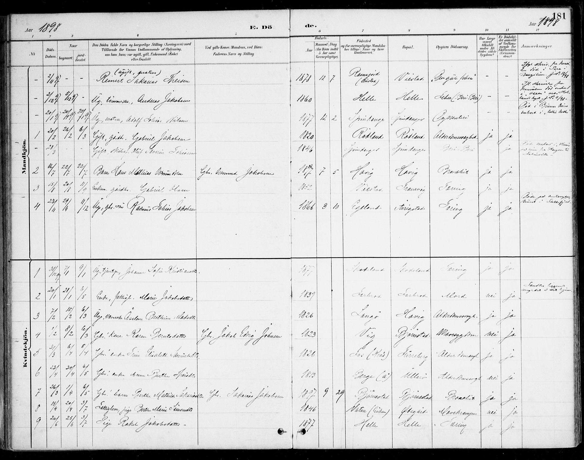 Herad sokneprestkontor, SAK/1111-0018/F/Fa/Fab/L0005: Parish register (official) no. A 5, 1886-1913, p. 181