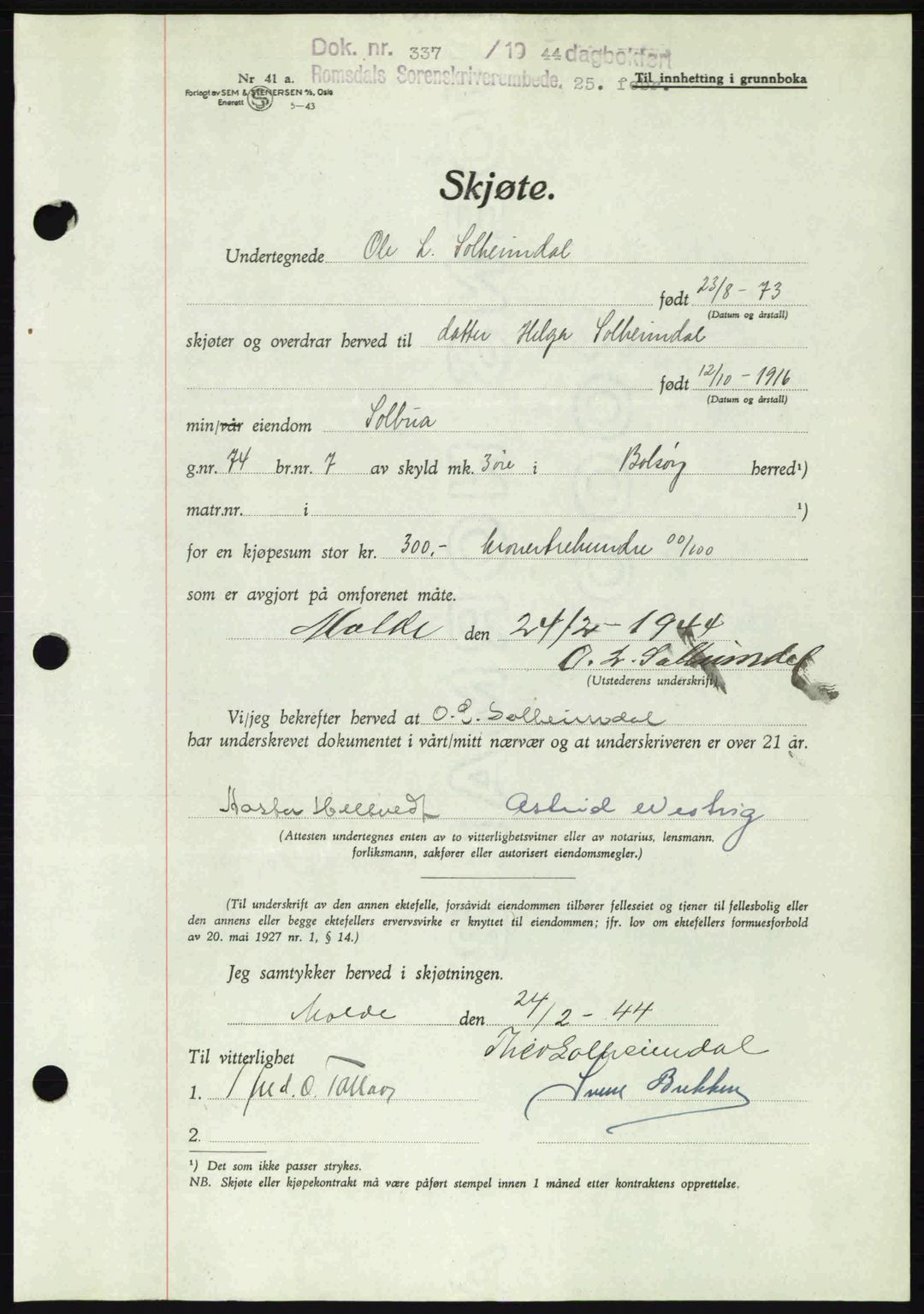 Romsdal sorenskriveri, SAT/A-4149/1/2/2C: Mortgage book no. A16, 1944-1944, Diary no: : 337/1944