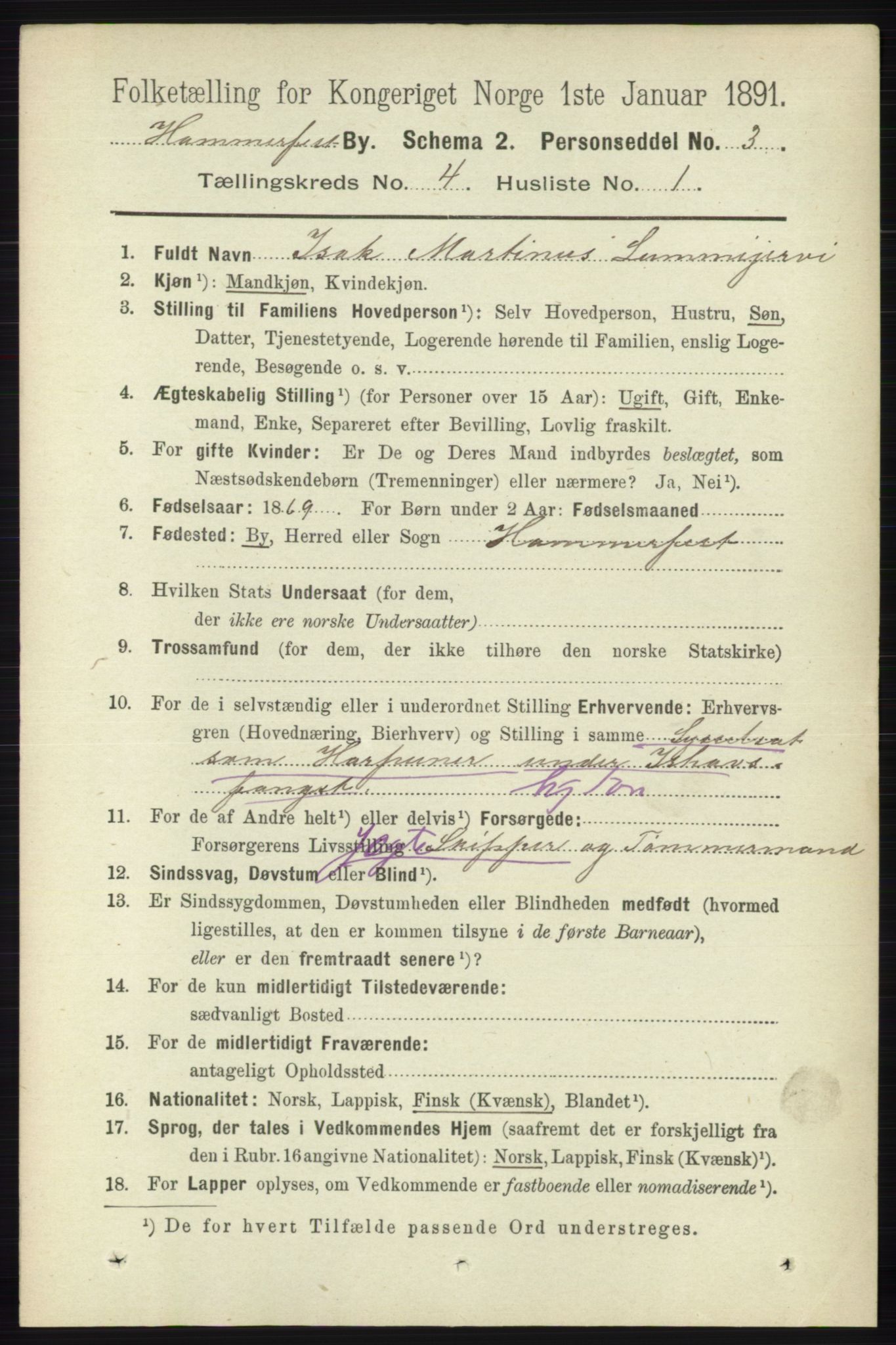 RA, 1891 census for 2001 Hammerfest, 1891, p. 908