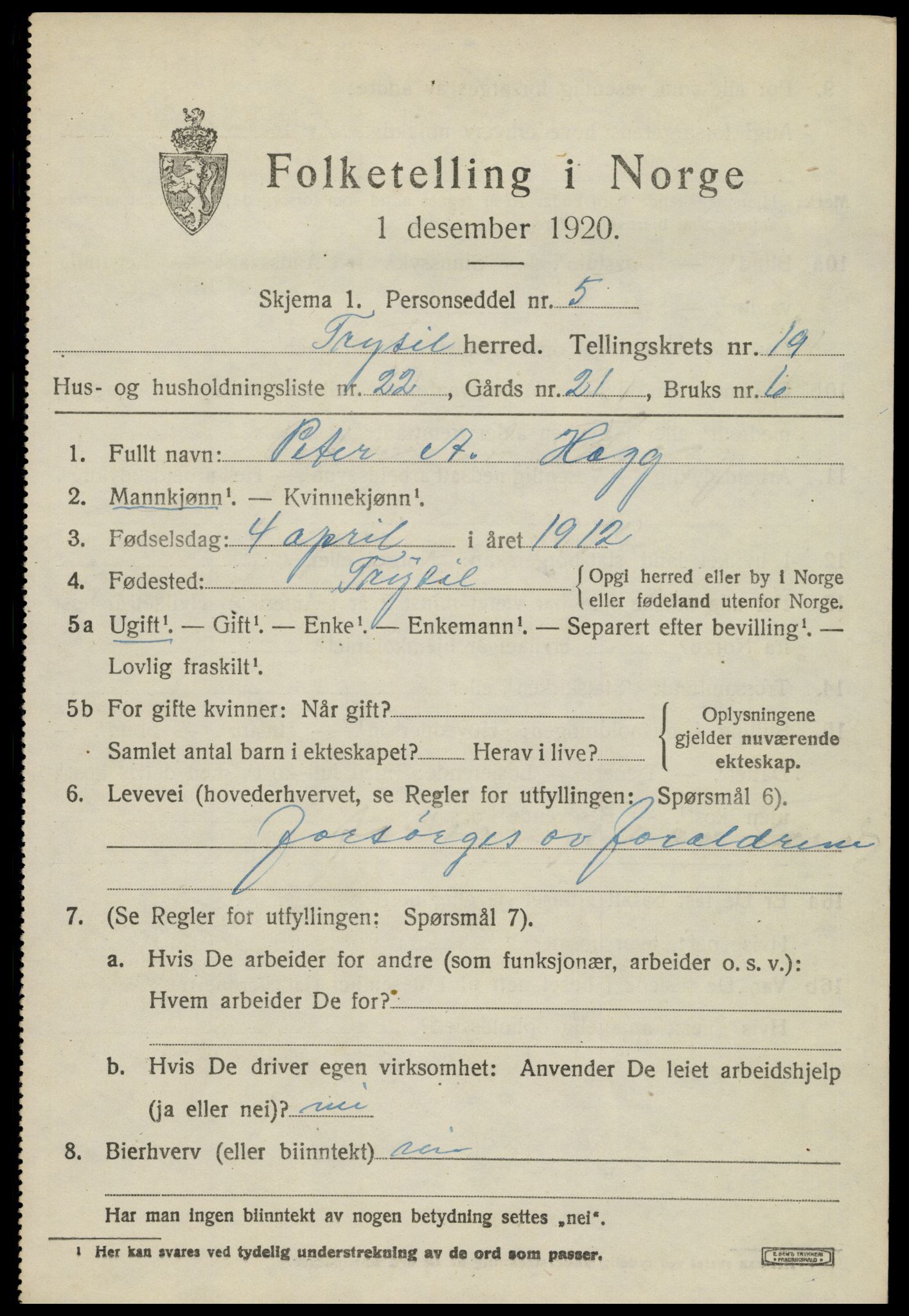 SAH, 1920 census for Trysil, 1920, p. 12993