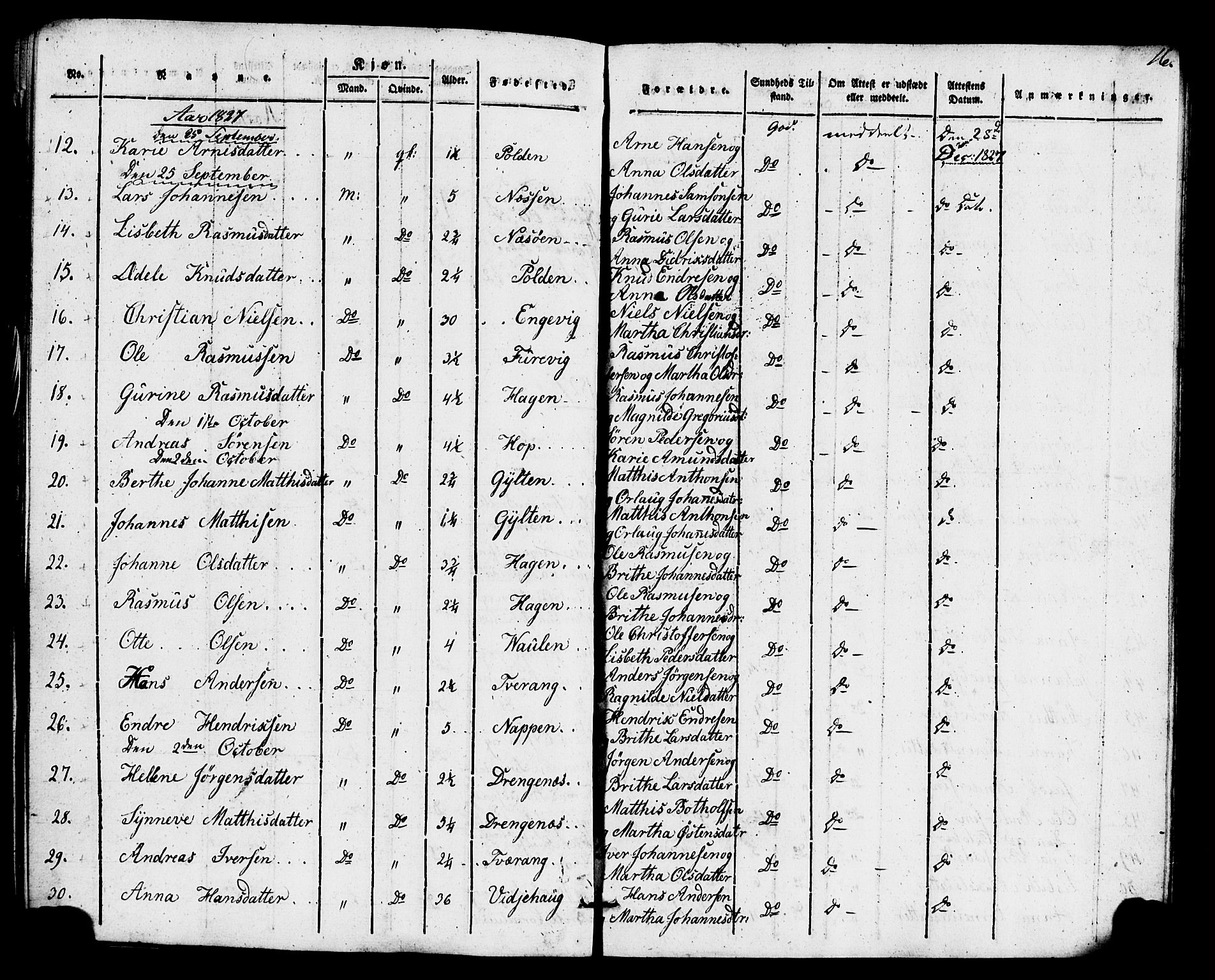 Gulen sokneprestembete, AV/SAB-A-80201/H/Haa/Haaa/L0026: Parish register (official) no. A 26, 1826-1842, p. 16