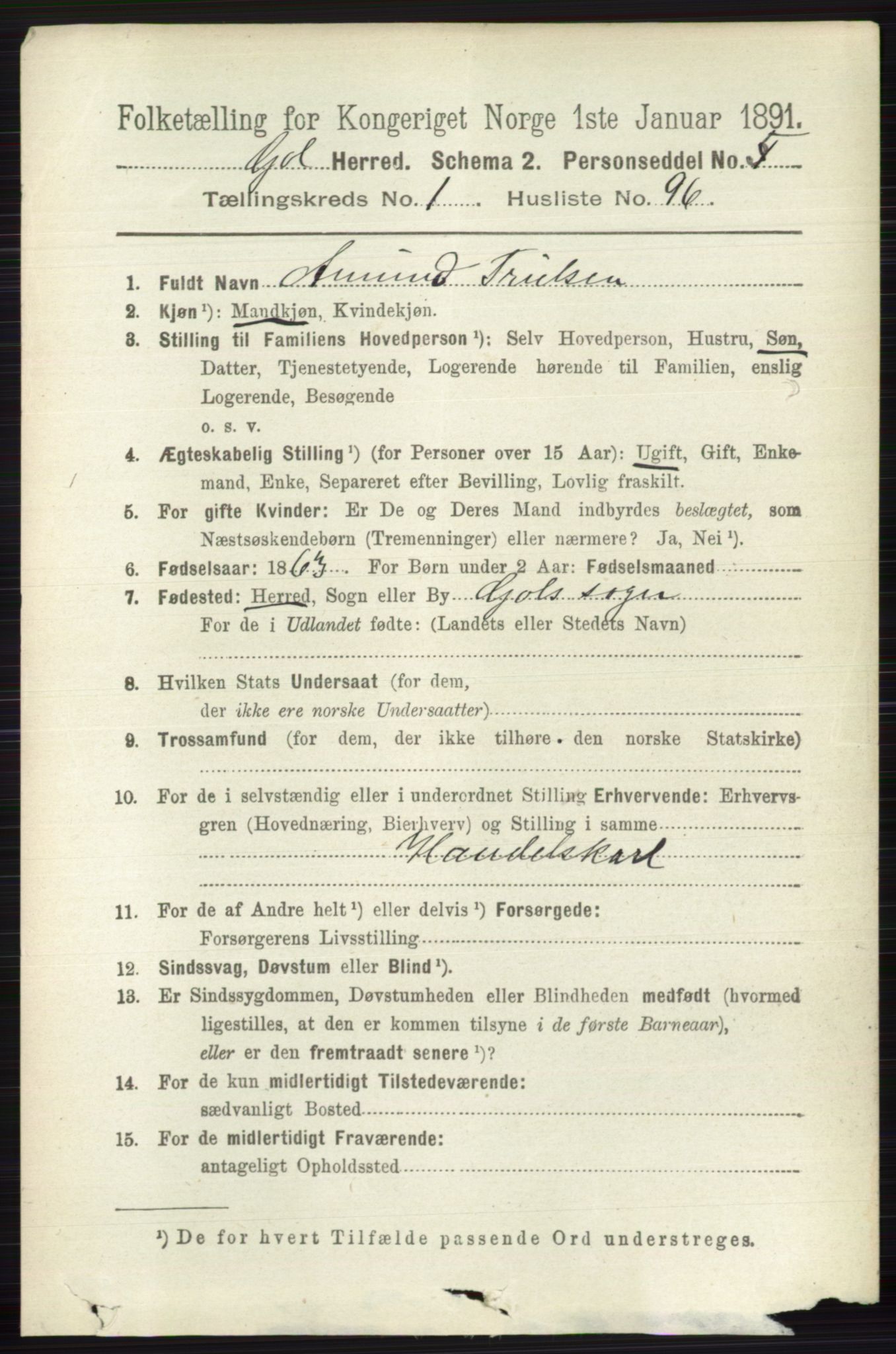 RA, 1891 census for 0617 Gol og Hemsedal, 1891, p. 622