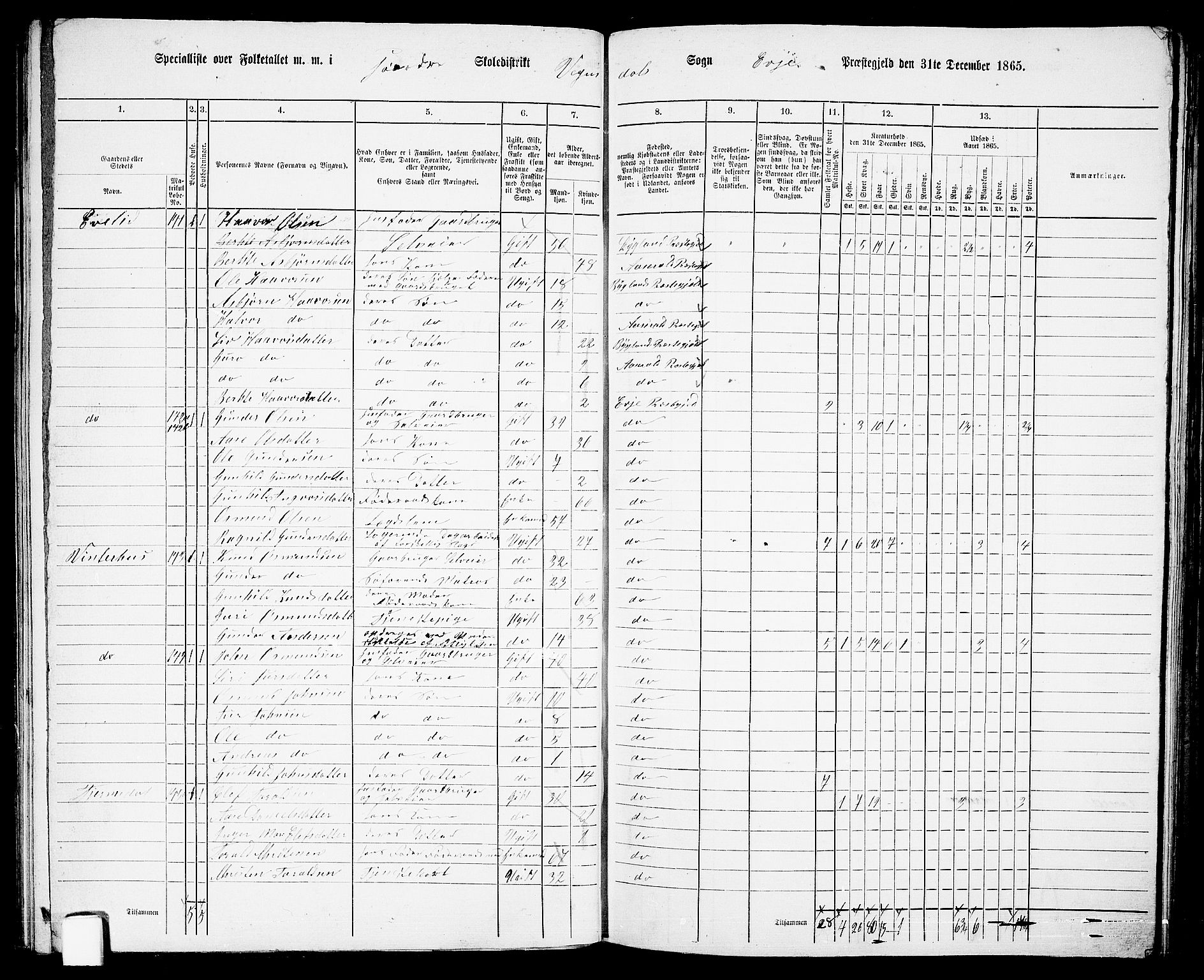 RA, 1865 census for Evje, 1865, p. 75