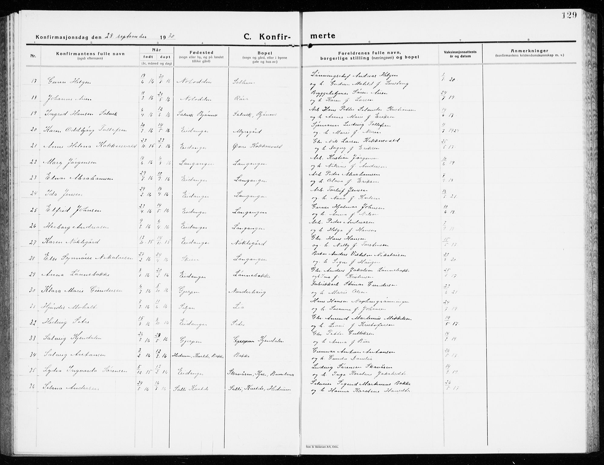 Eidanger kirkebøker, SAKO/A-261/G/Ga/L0005: Parish register (copy) no. 5, 1928-1942, p. 129