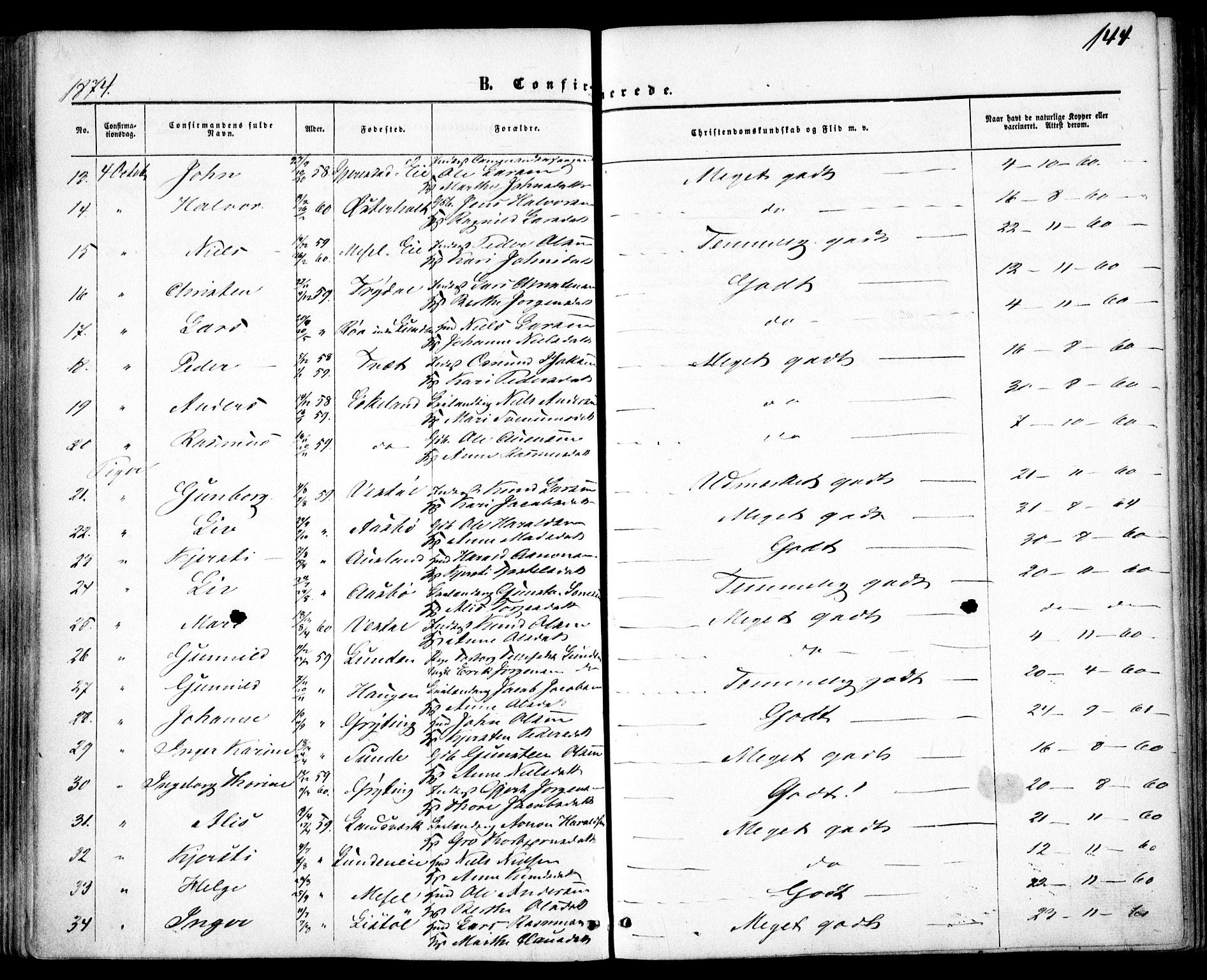 Gjerstad sokneprestkontor, AV/SAK-1111-0014/F/Fa/Faa/L0007: Parish register (official) no. A 7, 1858-1875, p. 144