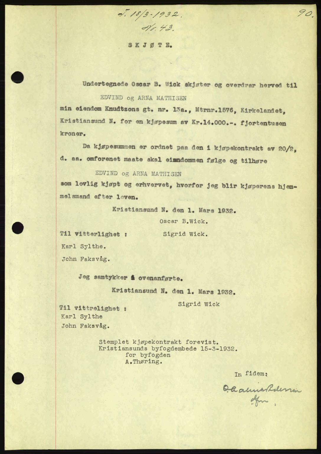 Kristiansund byfogd, AV/SAT-A-4587/A/27: Mortgage book no. 26, 1931-1933, Deed date: 18.03.1932