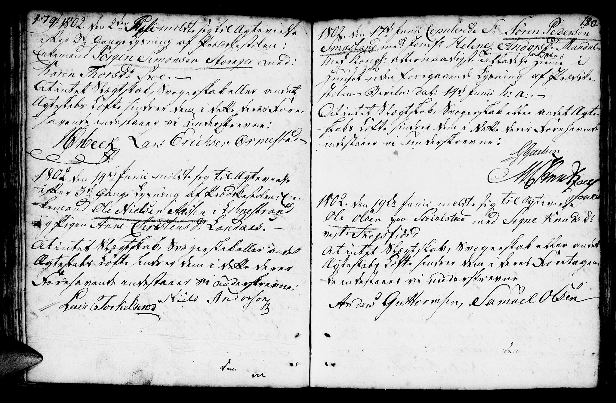 Mandal sokneprestkontor, AV/SAK-1111-0030/F/Fa/Faa/L0007: Parish register (official) no. A 7, 1783-1818, p. 179-180