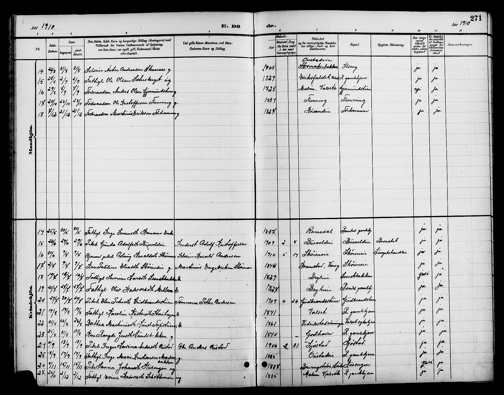 Romedal prestekontor, SAH/PREST-004/L/L0012: Parish register (copy) no. 12, 1896-1914, p. 271