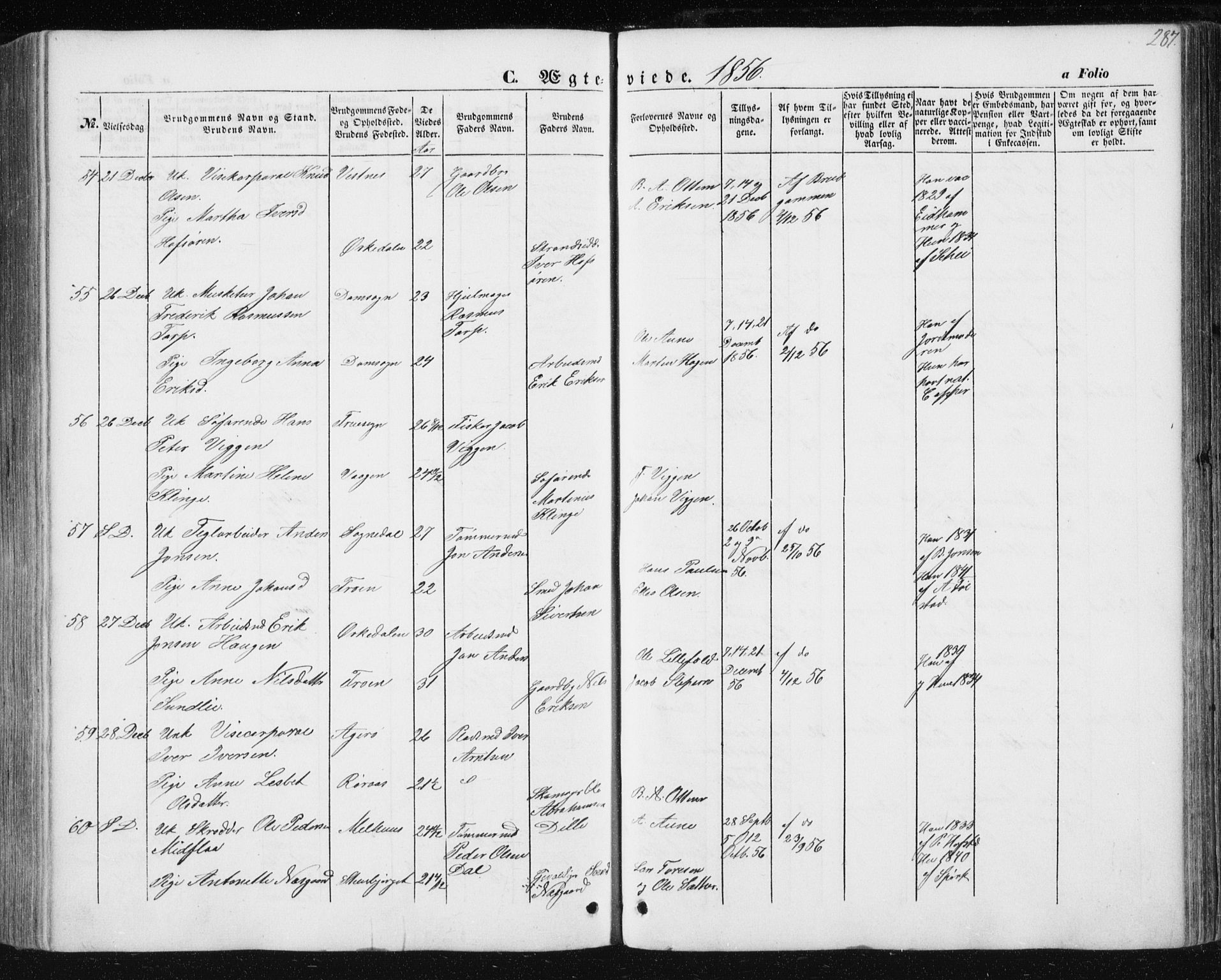 Ministerialprotokoller, klokkerbøker og fødselsregistre - Sør-Trøndelag, SAT/A-1456/602/L0112: Parish register (official) no. 602A10, 1848-1859, p. 287