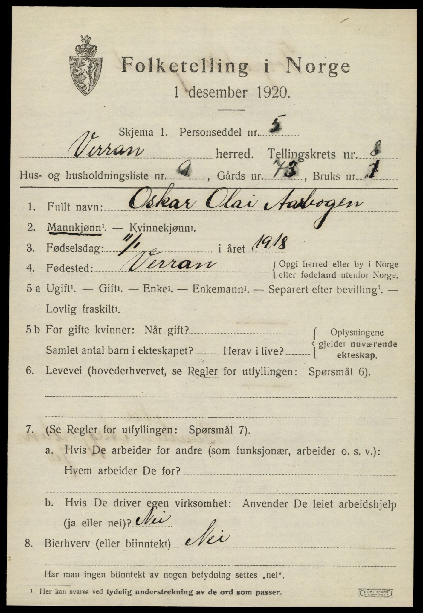 SAT, 1920 census for Verran, 1920, p. 3098