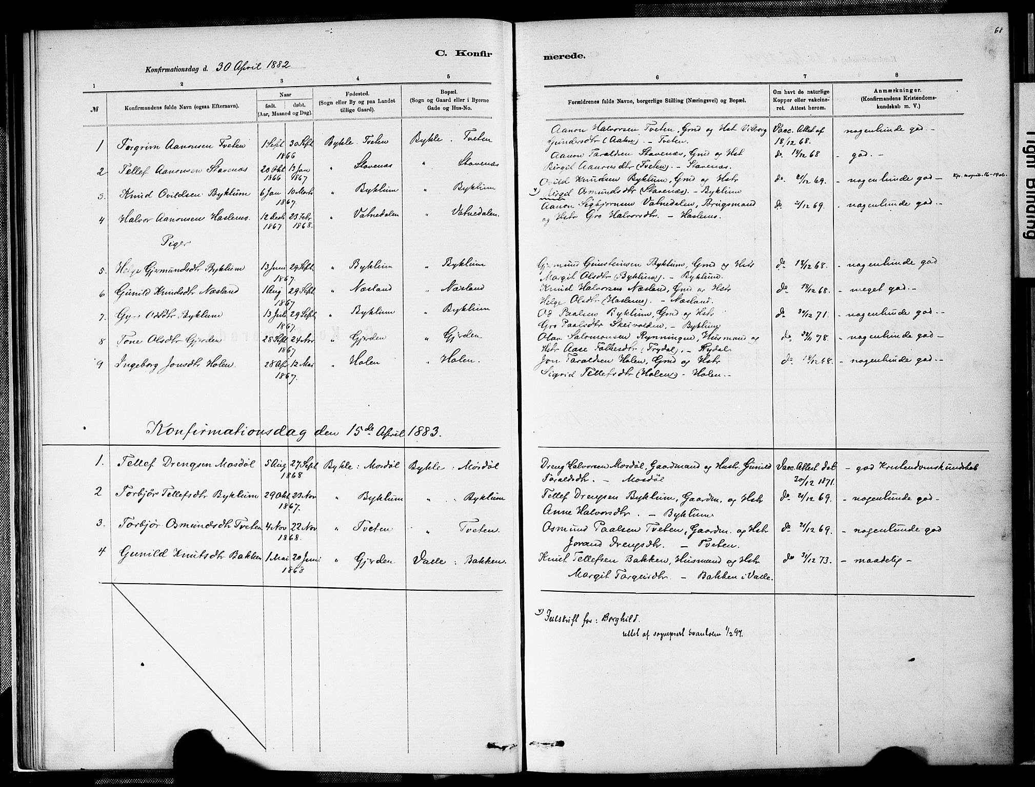 Valle sokneprestkontor, SAK/1111-0044/F/Fa/Faa/L0001: Parish register (official) no. A 1, 1882-1907, p. 68