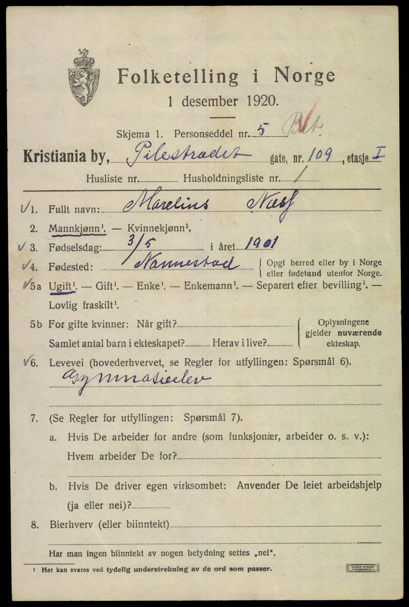 SAO, 1920 census for Kristiania, 1920, p. 453191