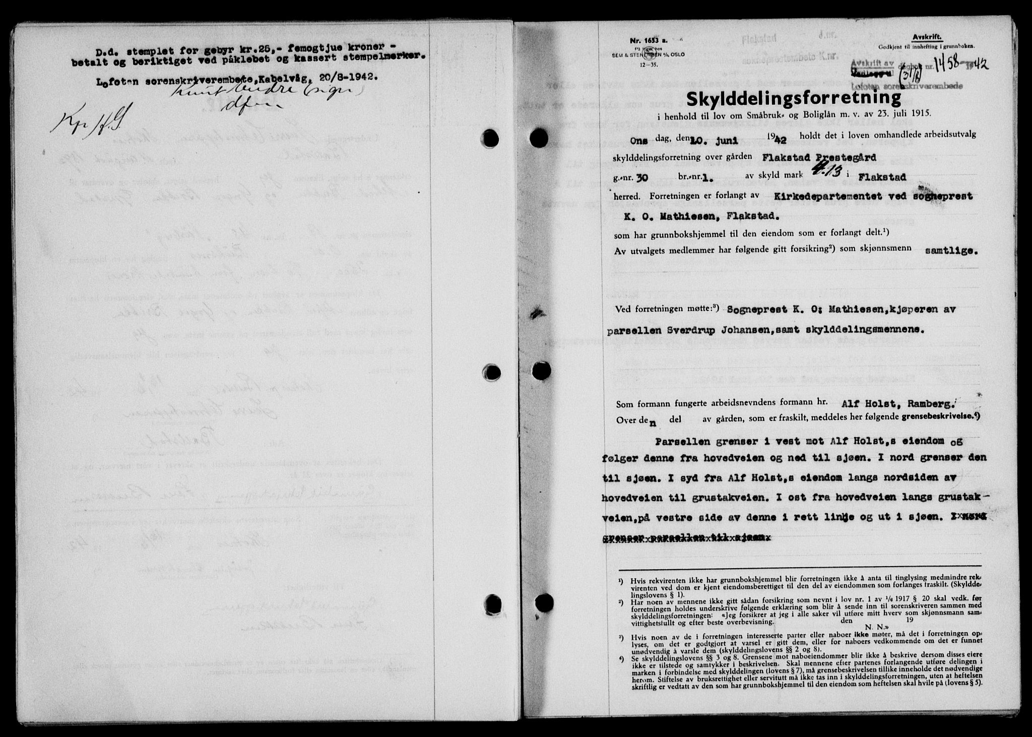 Lofoten sorenskriveri, SAT/A-0017/1/2/2C/L0010a: Mortgage book no. 10a, 1942-1943, Diary no: : 1458/1942