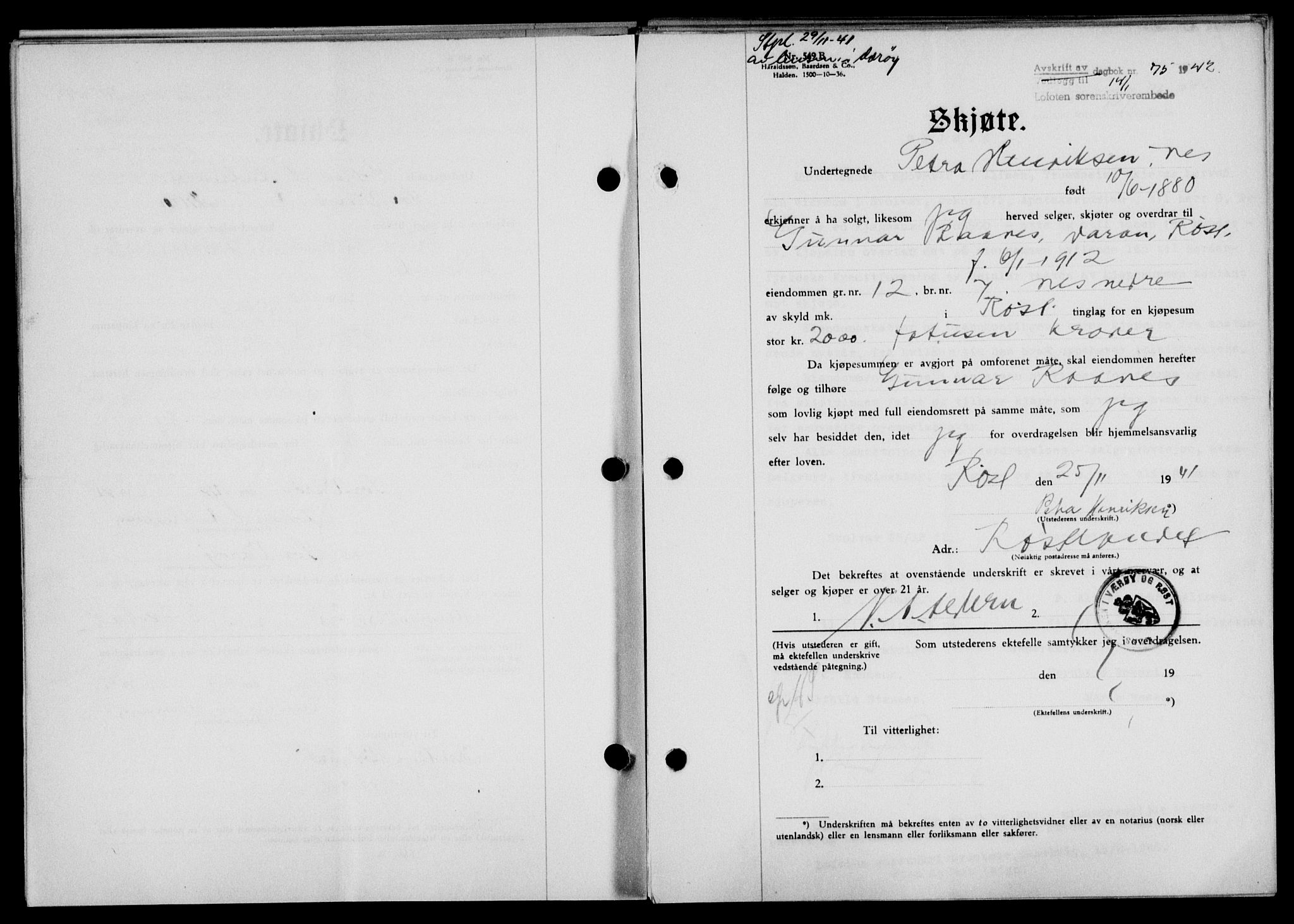 Lofoten sorenskriveri, SAT/A-0017/1/2/2C/L0009a: Mortgage book no. 9a, 1941-1942, Diary no: : 75/1942