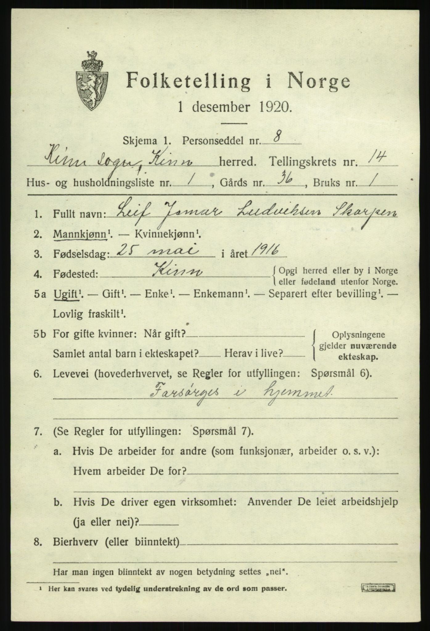 SAB, 1920 census for Kinn, 1920, p. 5131