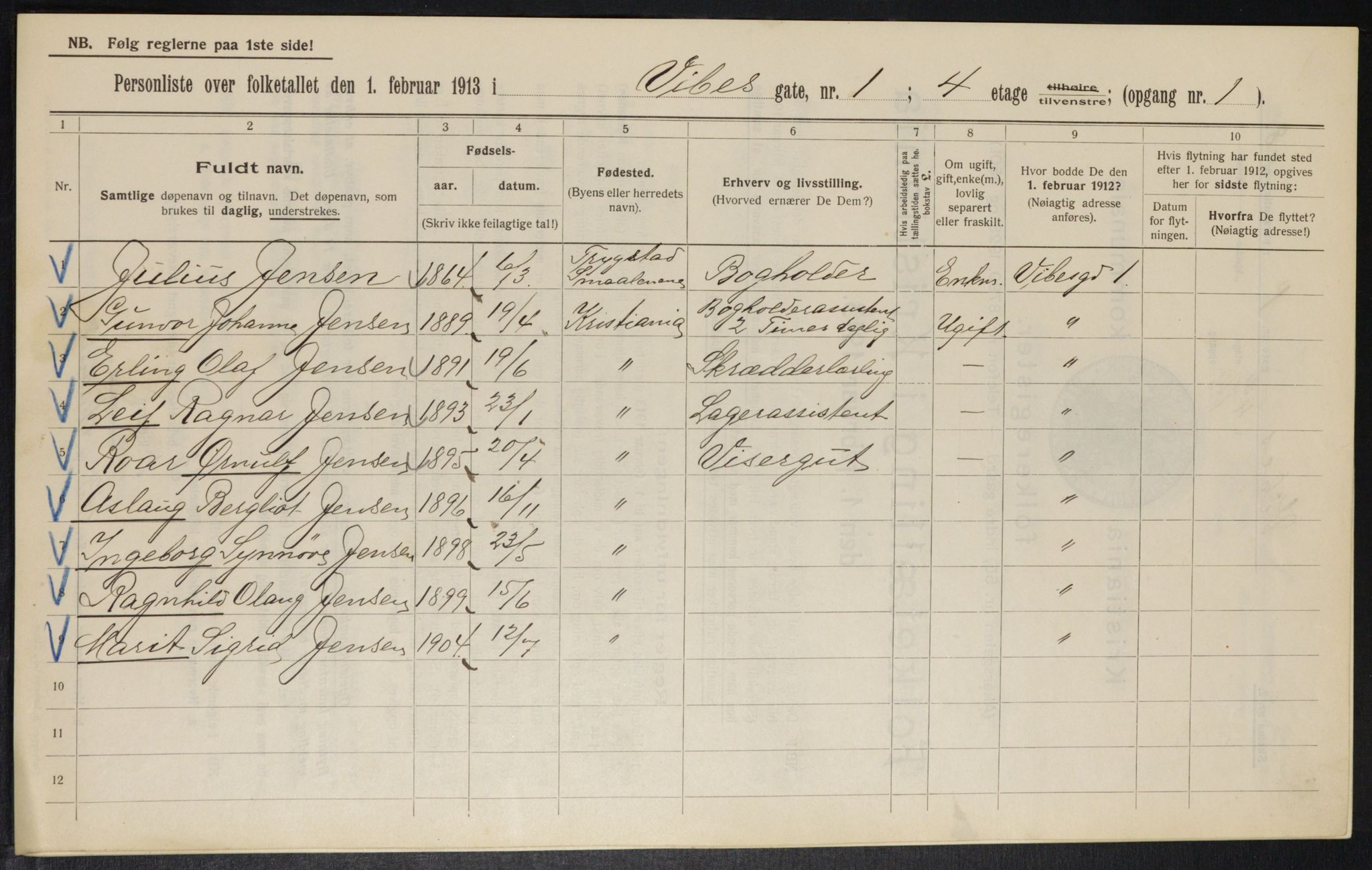 OBA, Municipal Census 1913 for Kristiania, 1913, p. 122439