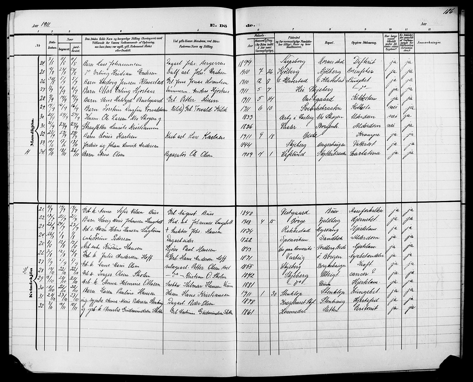 Skjeberg prestekontor Kirkebøker, SAO/A-10923/G/Ga/L0002: Parish register (copy) no. I 2, 1901-1924, p. 186