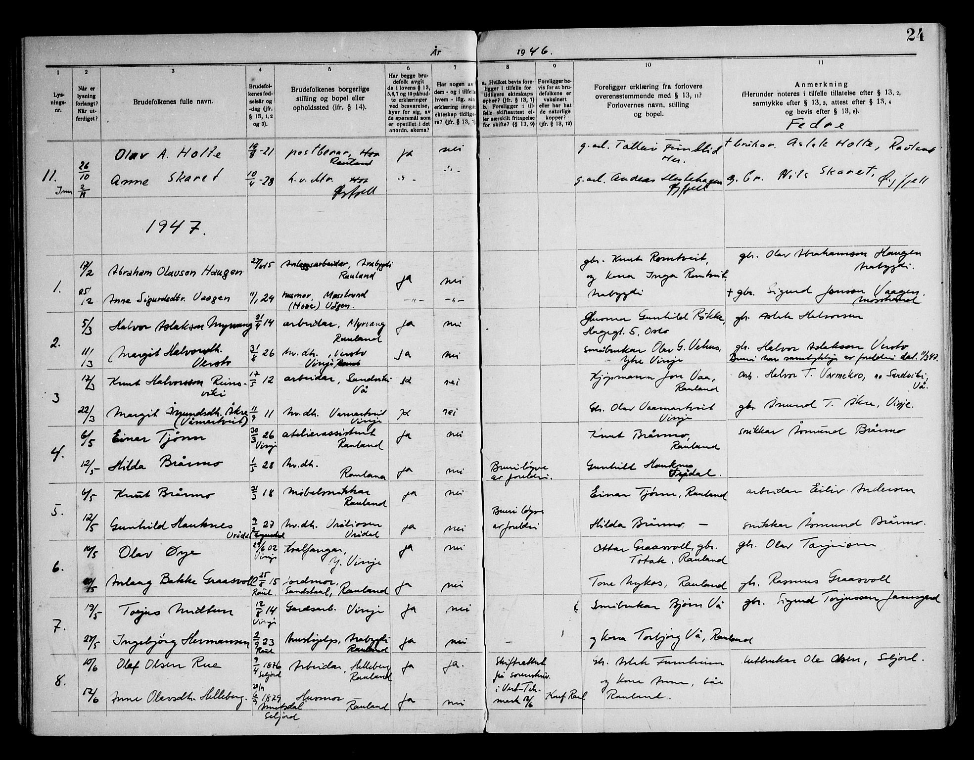 Rauland kirkebøker, AV/SAKO-A-292/H/Ha/L0001: Banns register no. 1, 1919-1971, p. 24