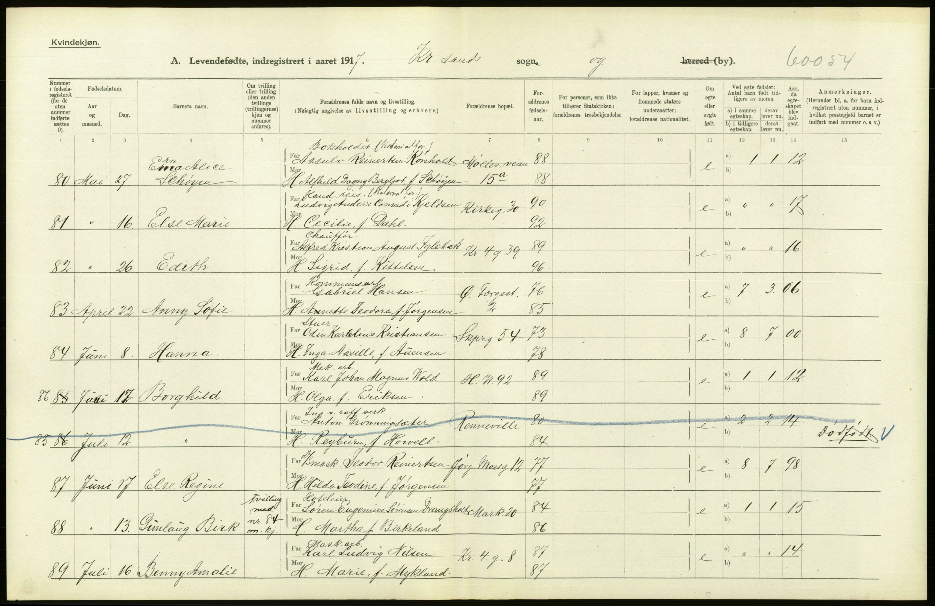 Statistisk sentralbyrå, Sosiodemografiske emner, Befolkning, AV/RA-S-2228/D/Df/Dfb/Dfbg/L0029: Lister og Mandals amt: Levendefødte menn og kvinner. Bygder og byer., 1917, p. 56