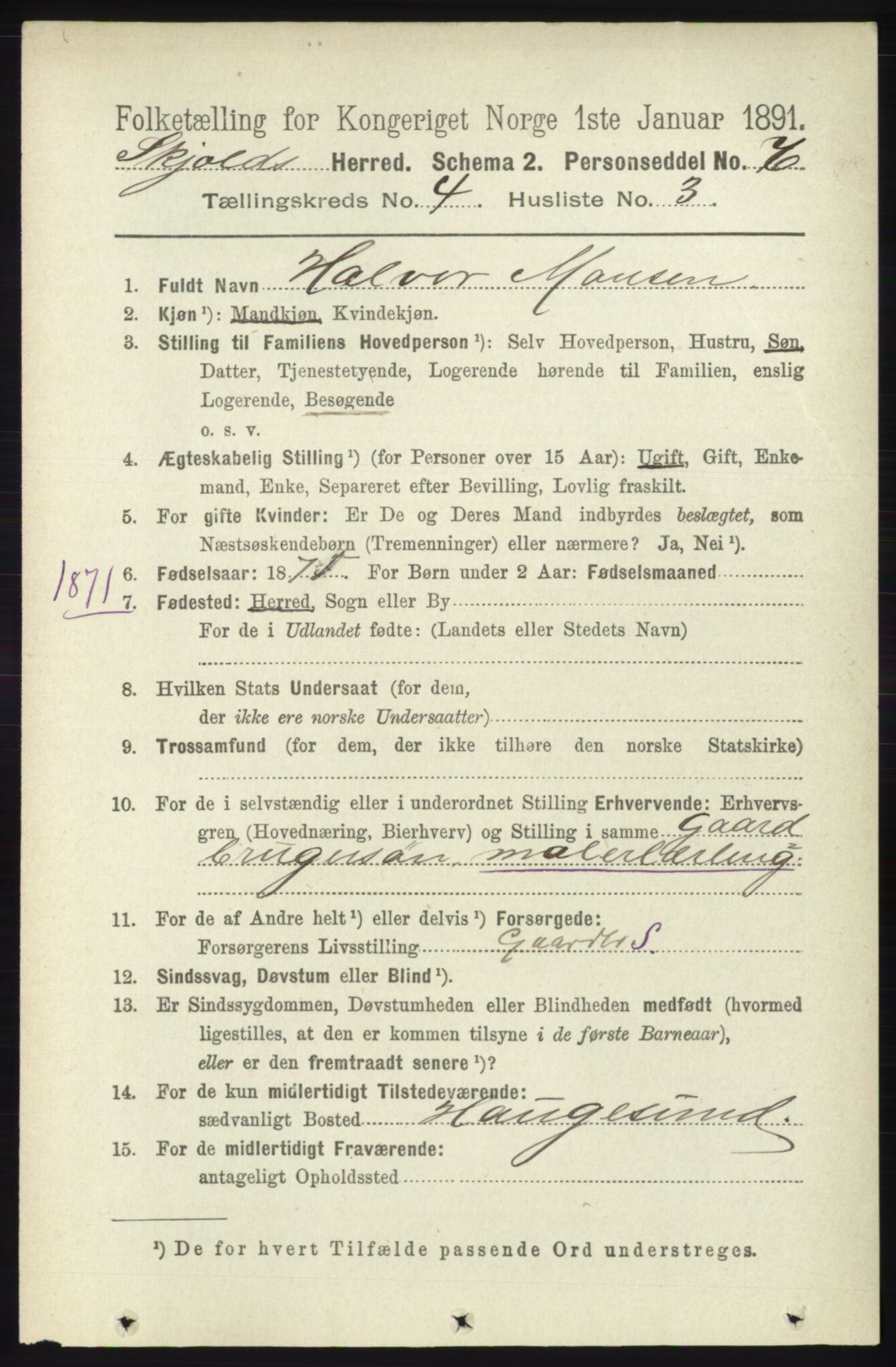 RA, 1891 census for 1154 Skjold, 1891, p. 564