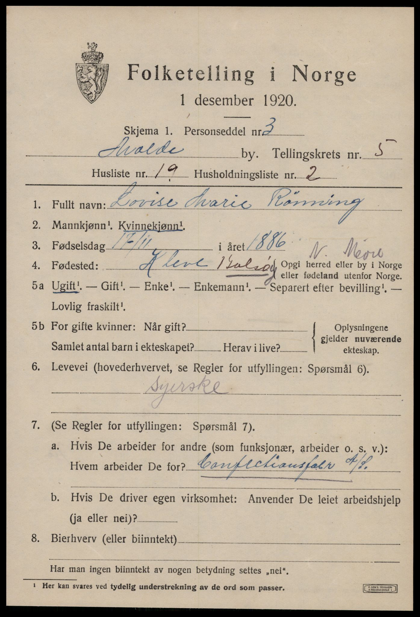 SAT, 1920 census for Molde, 1920, p. 7015