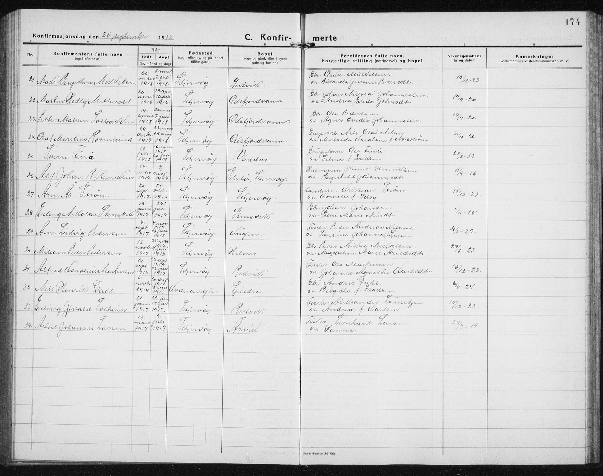 Skjervøy sokneprestkontor, AV/SATØ-S-1300/H/Ha/Hab/L0010klokker: Parish register (copy) no. 10, 1927-1941, p. 174