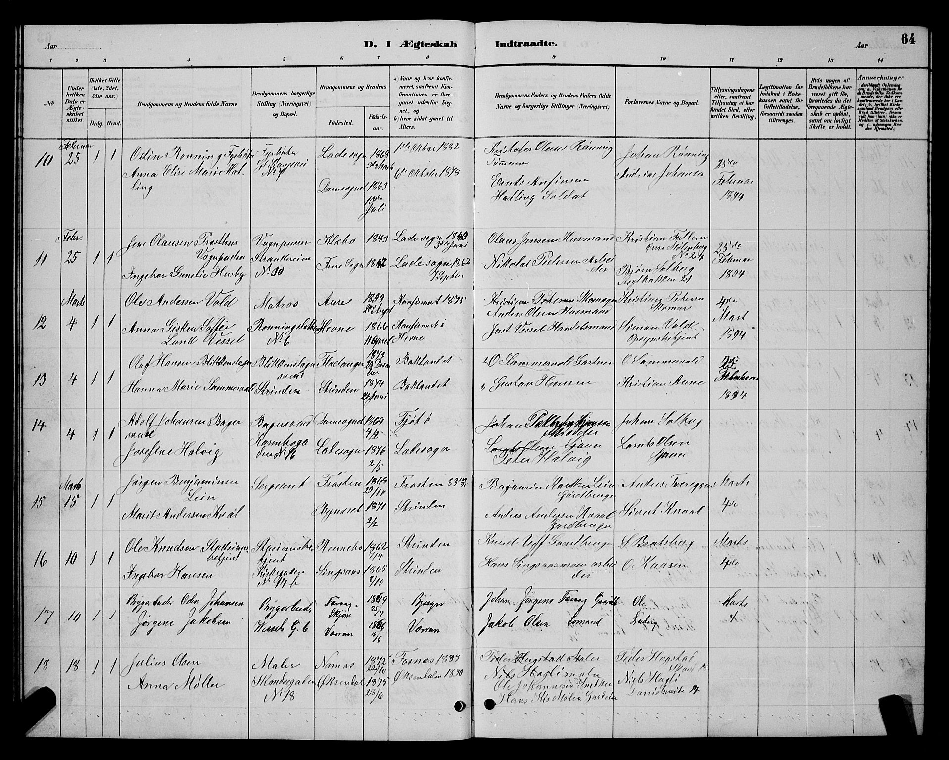 Ministerialprotokoller, klokkerbøker og fødselsregistre - Sør-Trøndelag, SAT/A-1456/604/L0223: Parish register (copy) no. 604C06, 1886-1897, p. 64
