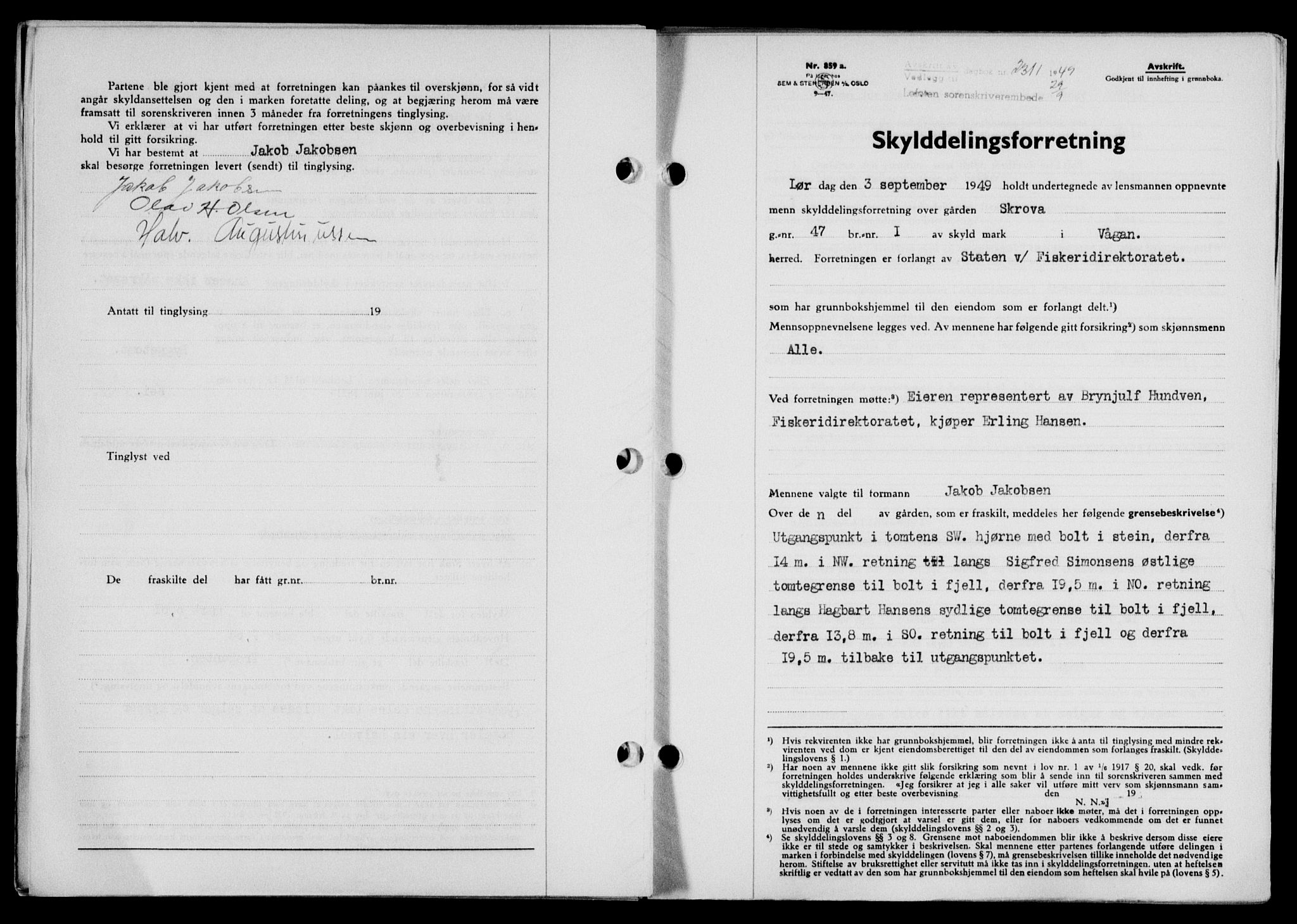 Lofoten sorenskriveri, SAT/A-0017/1/2/2C/L0021a: Mortgage book no. 21a, 1949-1949, Diary no: : 2311/1949
