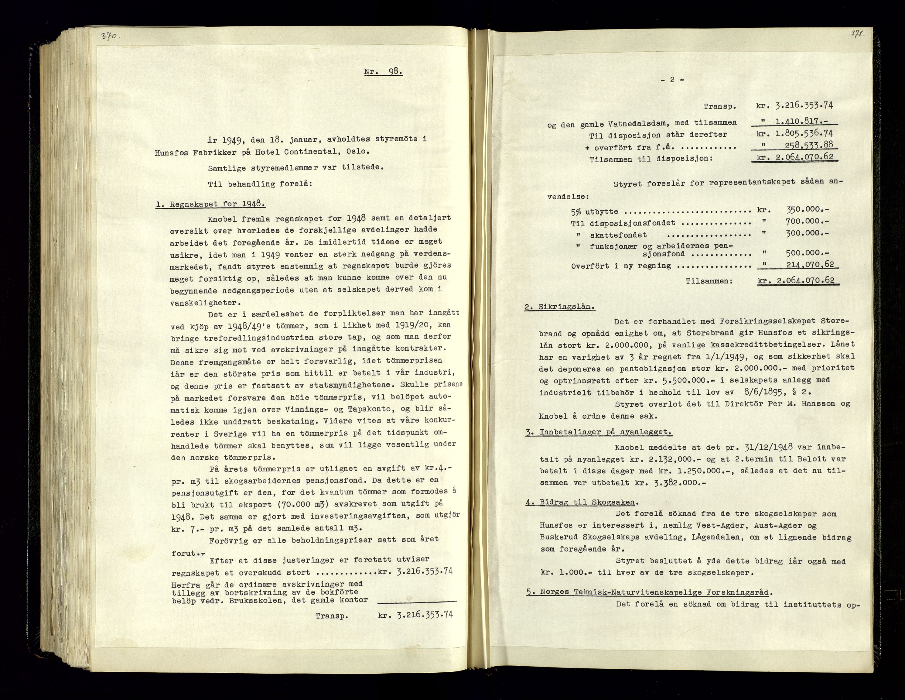 Hunsfos fabrikker, SAK/D/1440/02/L0006: Referatprotokoll fra styremøter, 1938-1950, p. 370-371