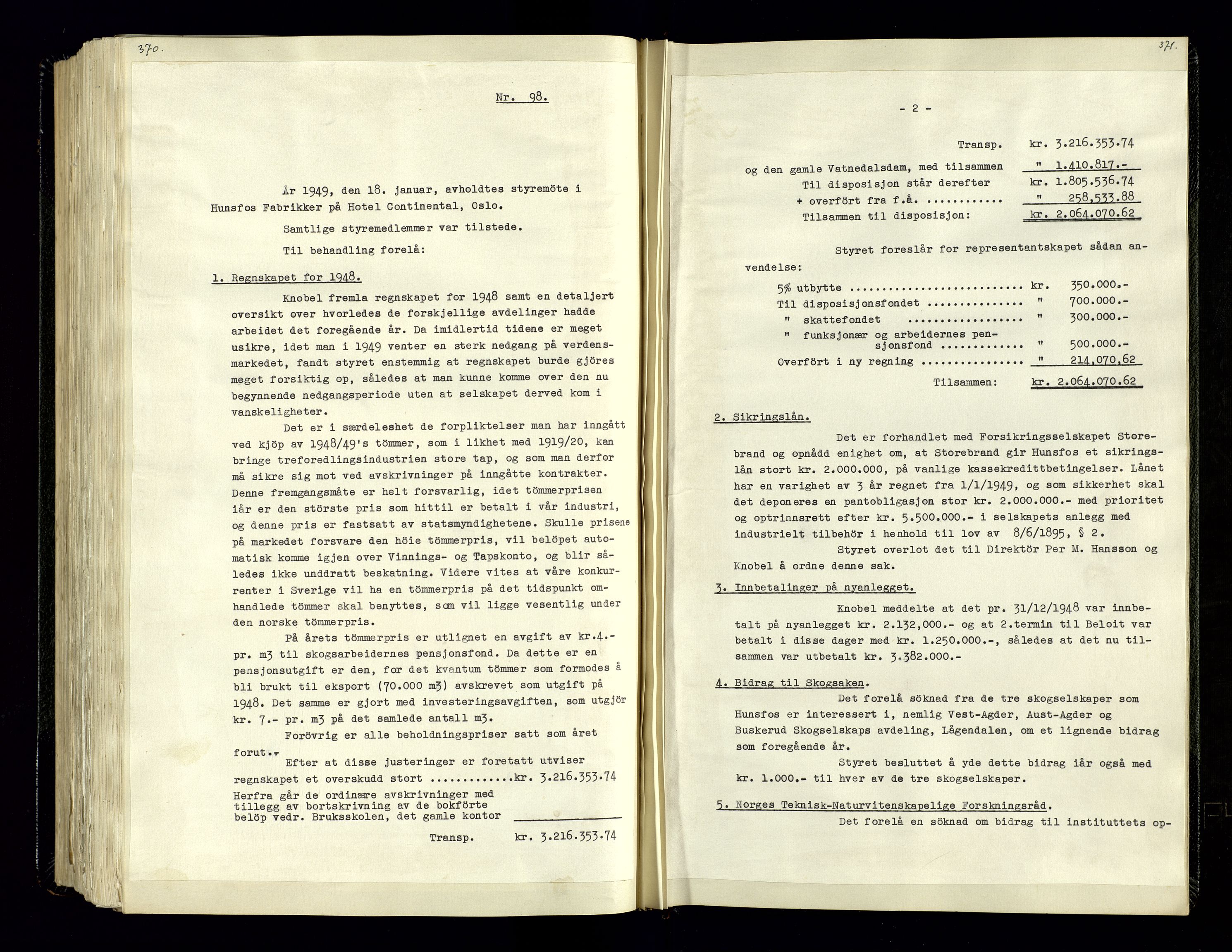 Hunsfos fabrikker, AV/SAK-D/1440/02/L0006: Referatprotokoll fra styremøter, 1938-1950, p. 370-371