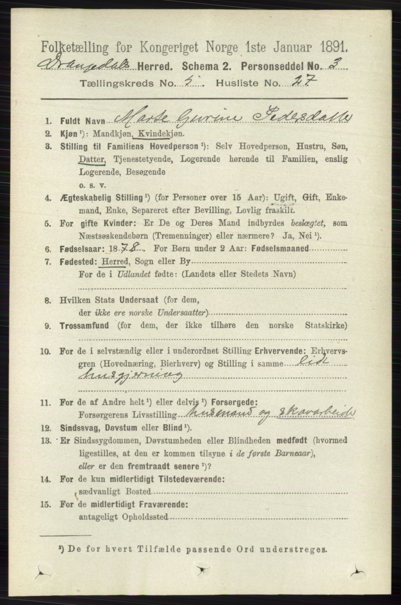 RA, 1891 census for 0817 Drangedal, 1891, p. 1843