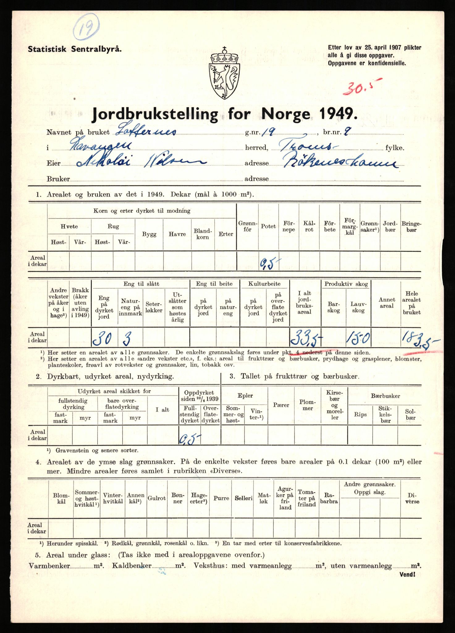 Statistisk sentralbyrå, Næringsøkonomiske emner, Jordbruk, skogbruk, jakt, fiske og fangst, AV/RA-S-2234/G/Gc/L0437: Troms: Gratangen og Lavangen, 1949, p. 361