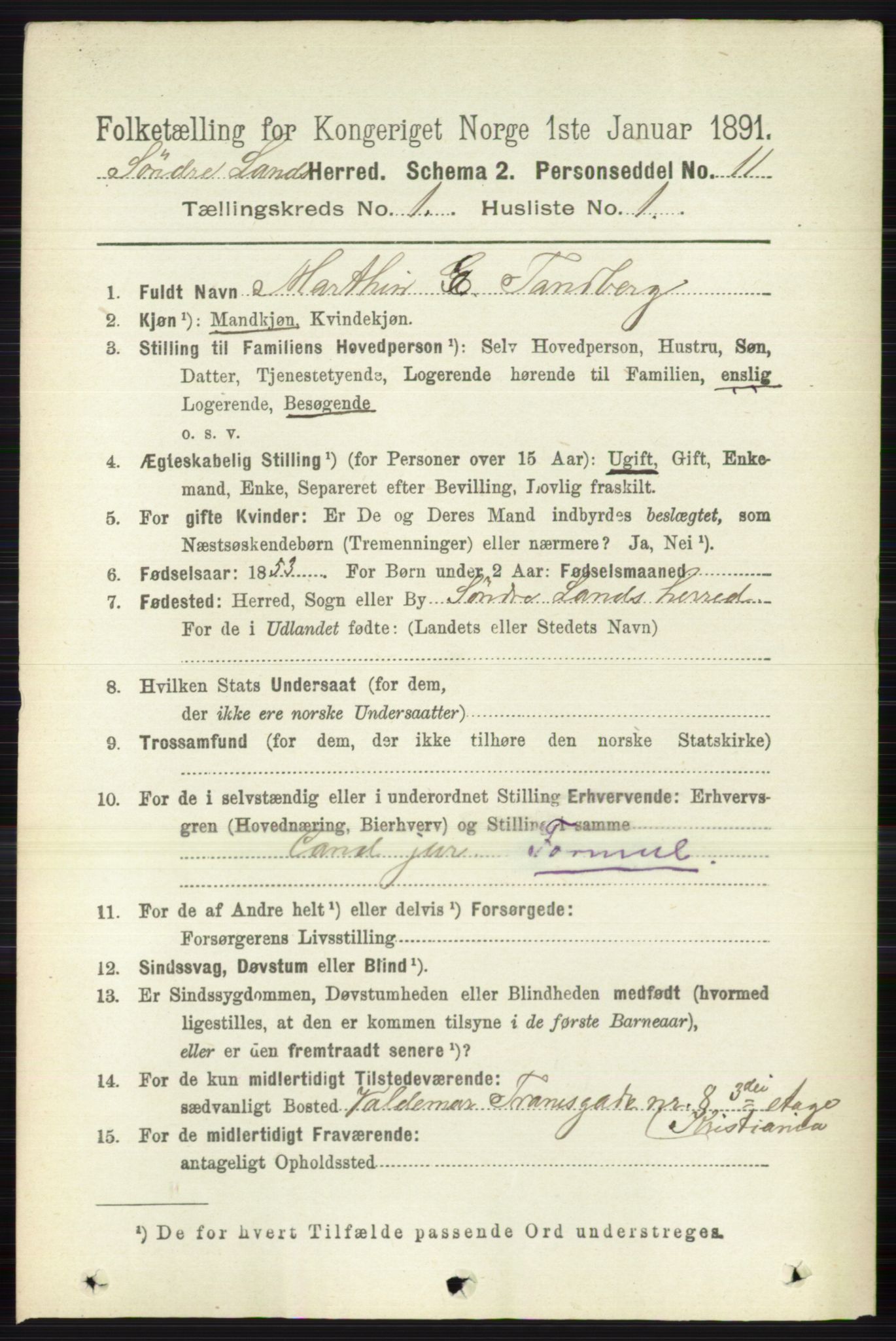 RA, 1891 census for 0536 Søndre Land, 1891, p. 142