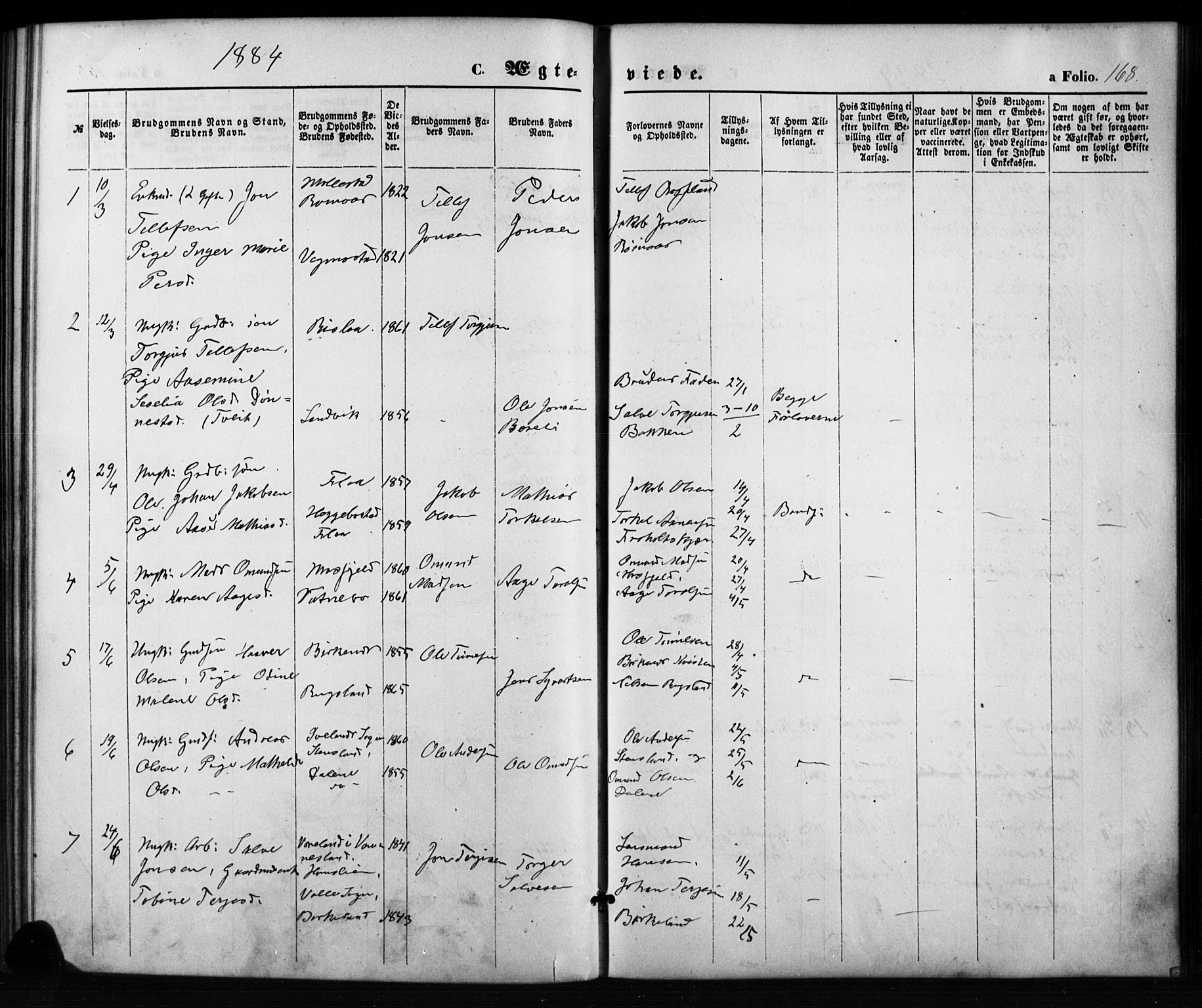 Birkenes sokneprestkontor, SAK/1111-0004/F/Fb/L0003: Parish register (copy) no. B 3, 1876-1892, p. 168